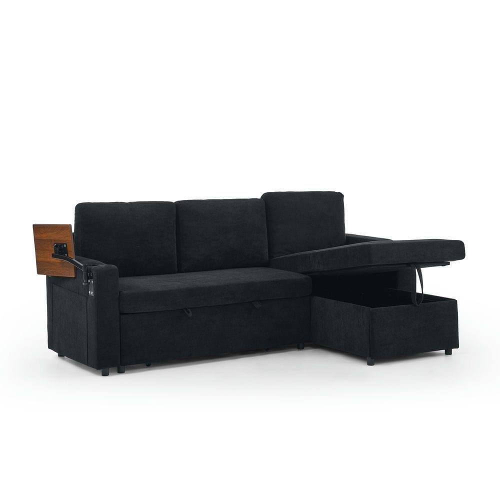 Back. Kadyn - Pull-Out Sleeper Sofa with Retractable Table, Features LED Lights, USB Ports, and Cup Holders, Black - Black.