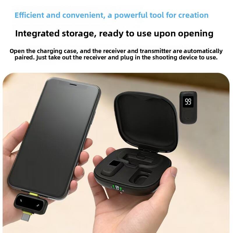 Efficient and convenient, a powerful tool for creation

Integrated storage, ready to use upon opening

Open the charging case, and the receiver and transmitter are automatically paired. Just take out the receiver and plug in the shooting device to use.