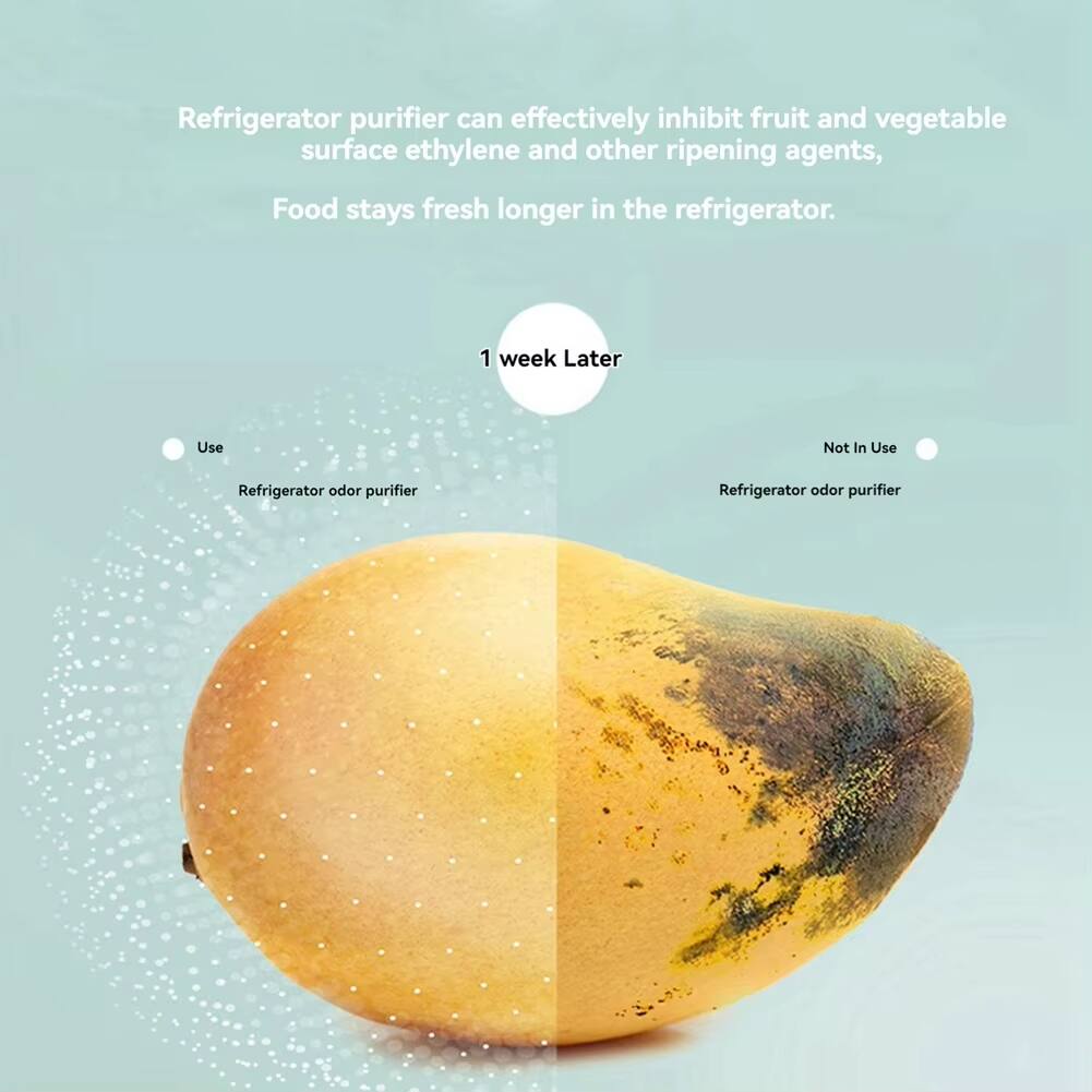 Refrigerator purifier can effectively inhibit fruit and vegetable surface ethylene and other ripening agents, keeping food fresh longer in the refrigerator.

1 week Later

Use  
Refrigerator odor purifier

Not In Use  
Refrigerator odor purifier