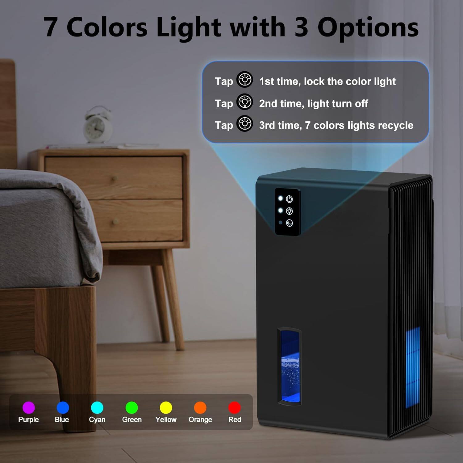7 Colors Light with 3 Options

Tap 1st time, lock the color light  
Tap 2nd time, light turn off  
Tap 3rd time, 7 colors lights recycle

Purple Blue Cyan Green Yellow Orange Red