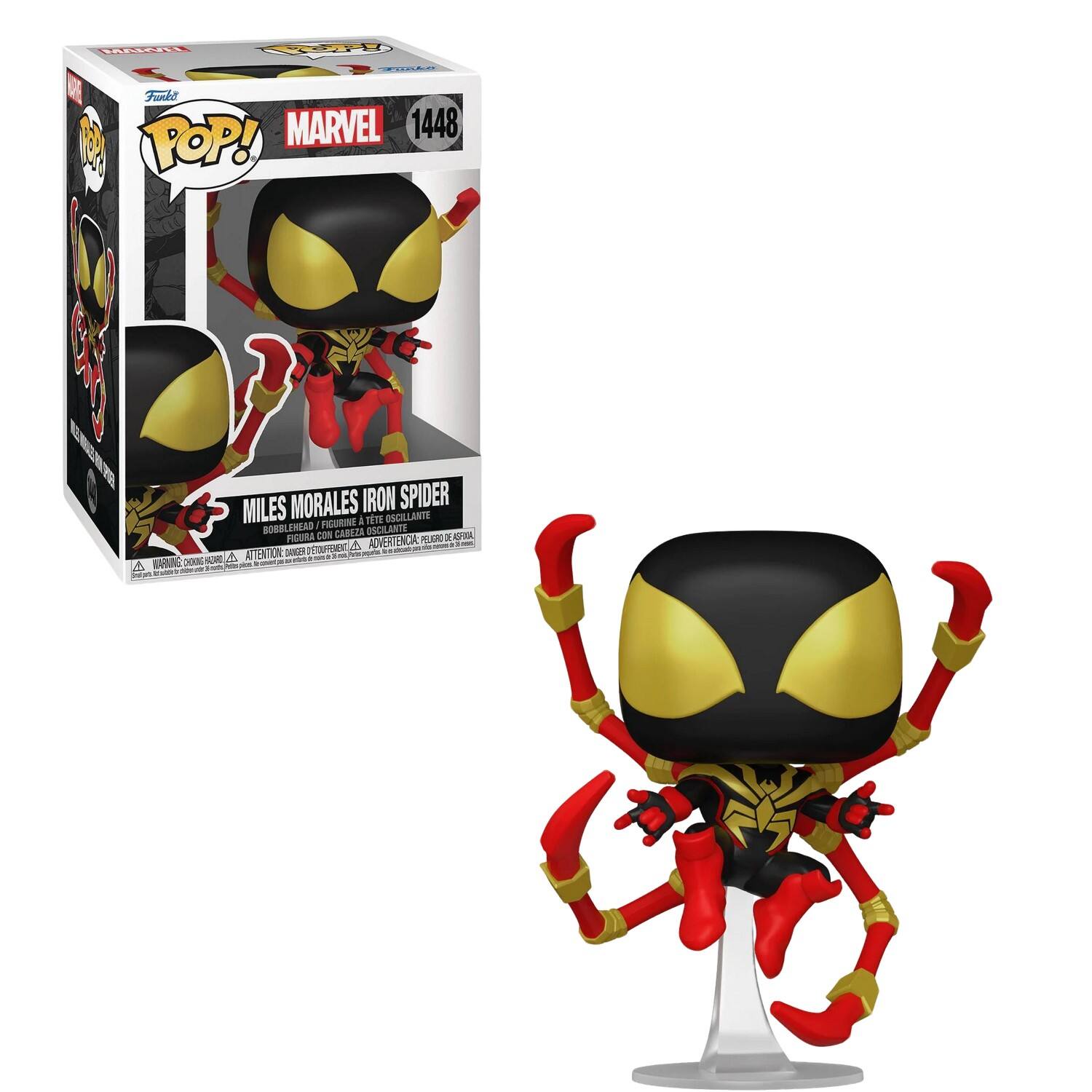 1448, POP!, MARVEL, MILES MORALES IRON SPIDER, BOBBLEHEAD, FIGURINE, CON, CAREZA, TTE, OSCILANTE, SCILLANTE, PLDIC, 3, HOO, COUTEME, 4, ADVERTENCA, ATTENTION, 2, KR, NARNNG, 50Z