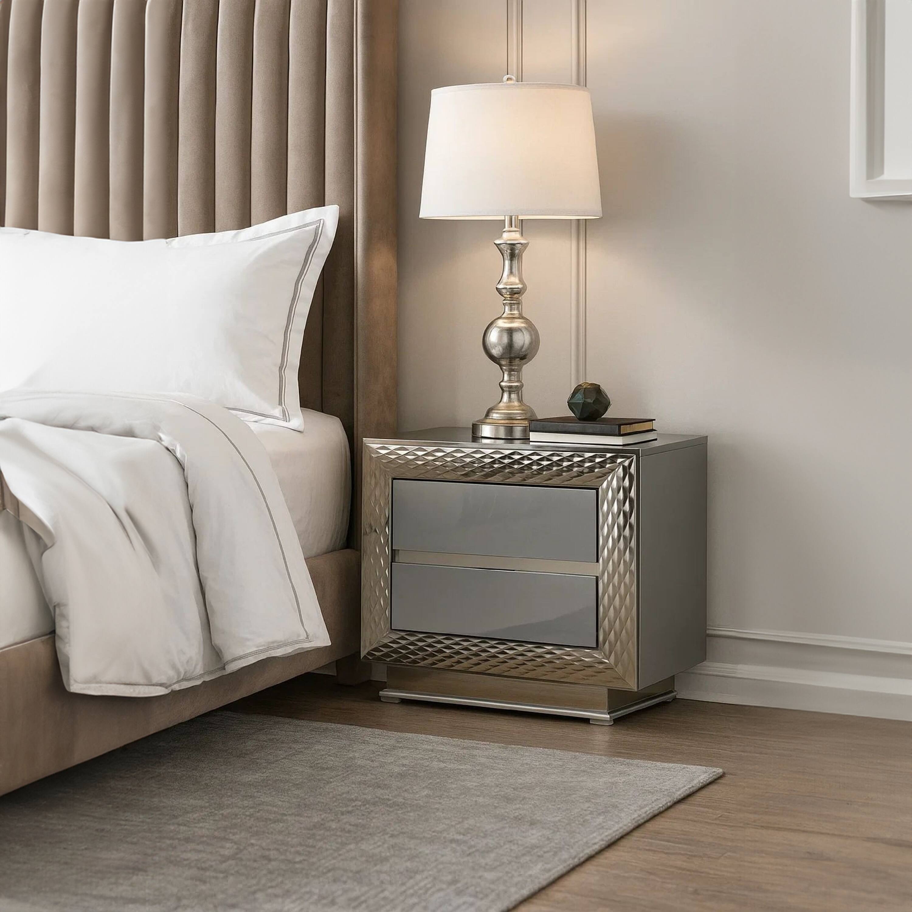 Alt View 5. Manhattan Lane - Vino 2 Drawer Nightstand, Plinth Base Gray Wood wity Silver Trim - Gray, Silver.