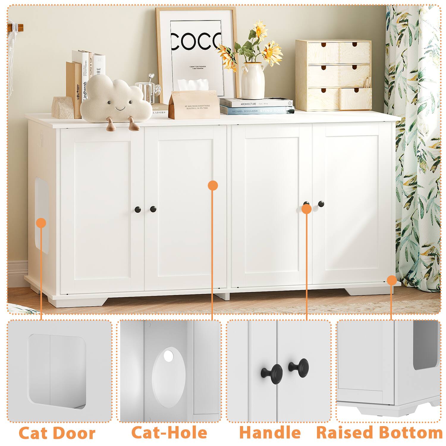 - Cat Door
- Cat-Hole
- Handle
- Raised Bottom