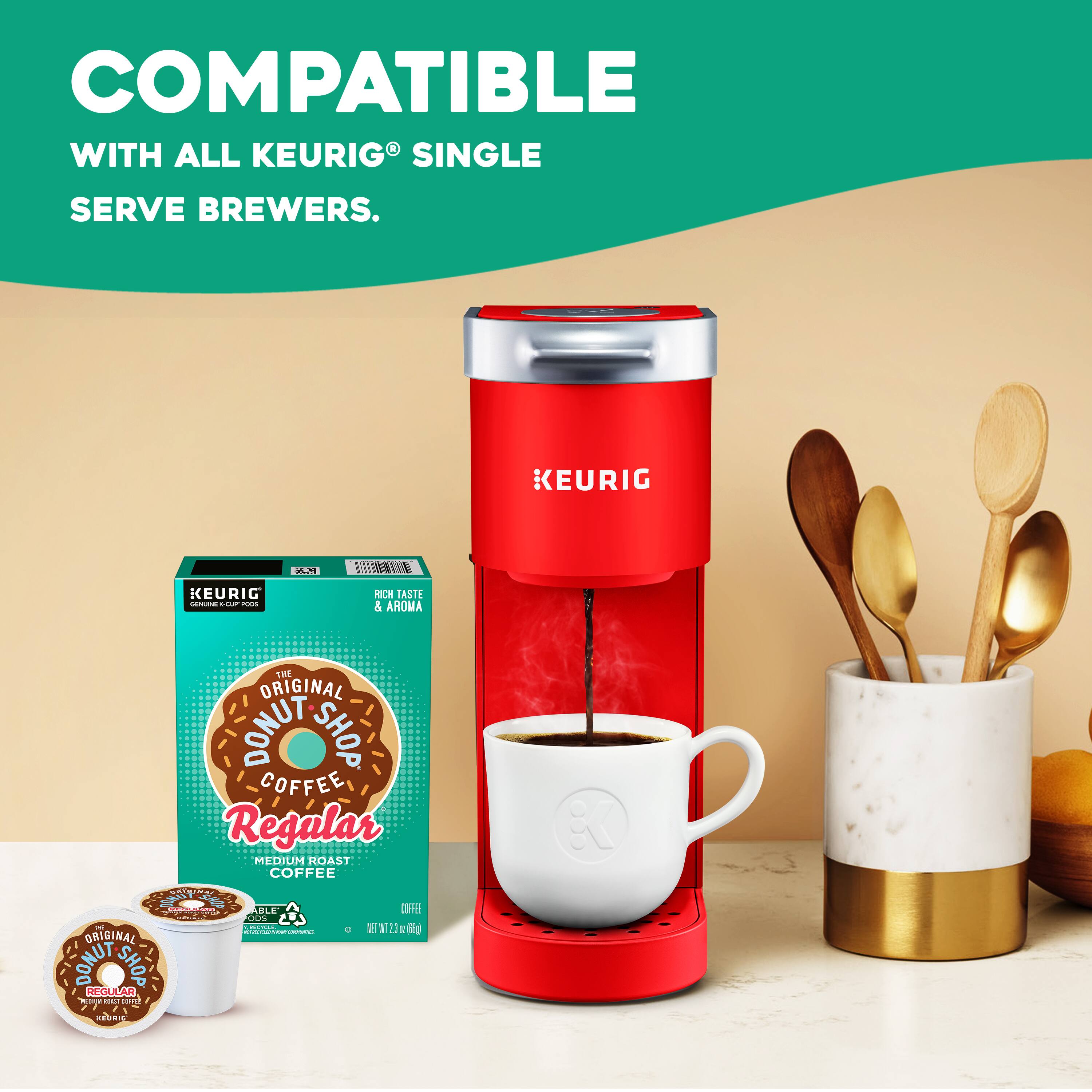 Compatible with all Keurig single serve brewers. Keurig and K-Cup: Rich taste & aroma to Original Donut Shop Coffee. Regular Medium Roast Coffee.