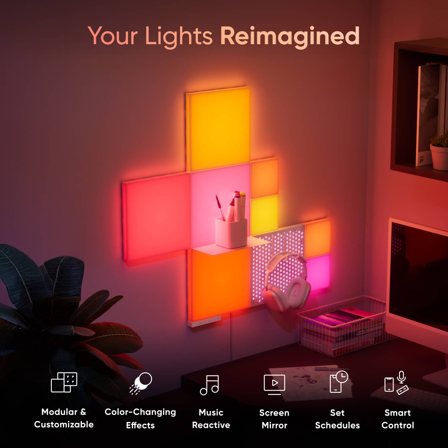 Your Lights Reimagined: Modular & Color-Changing Music Customizable Effects Reactive Screen Mirror Set Smart Schedules Control
