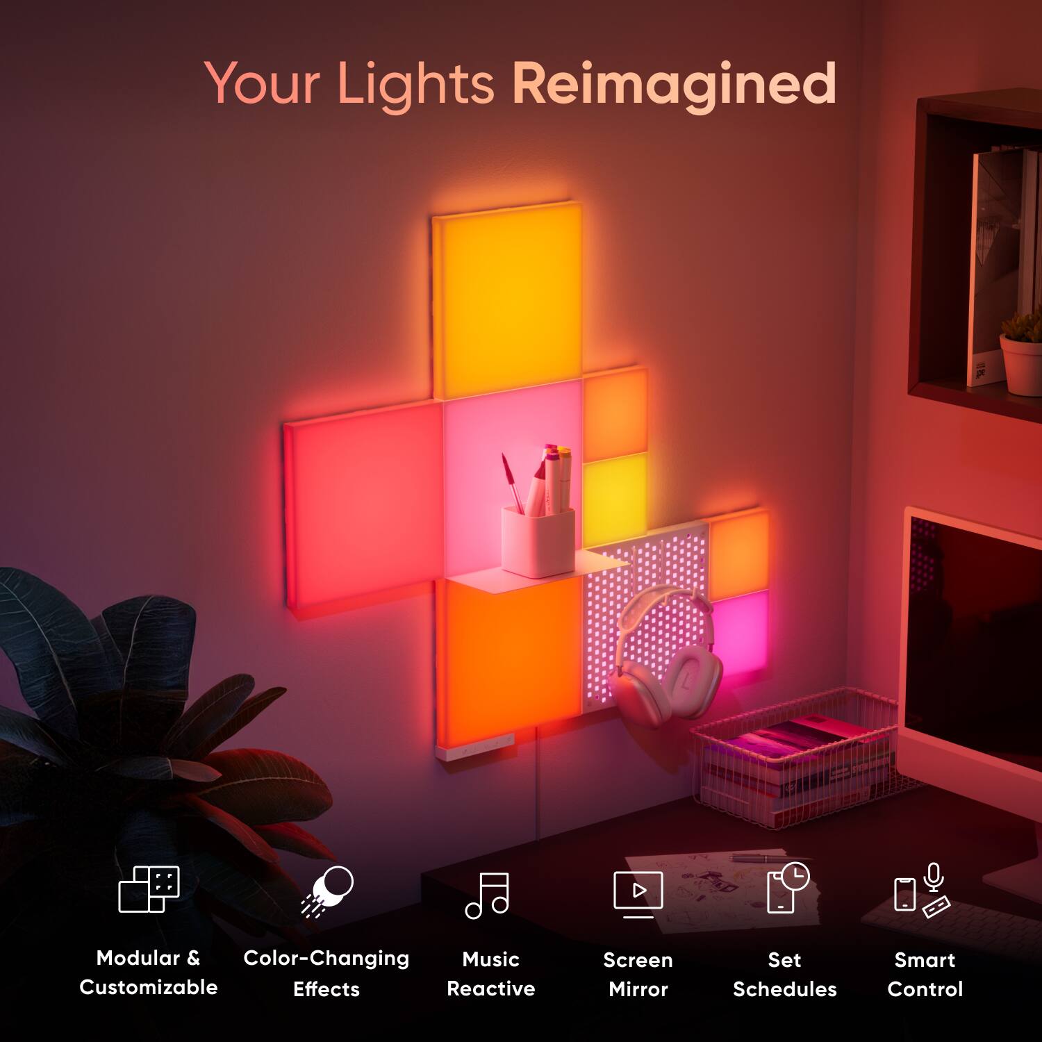 Your Lights Reimagined: Modular & Color-Changing Music Customizable Effects Reactive Screen Mirror Set Smart Schedules Control