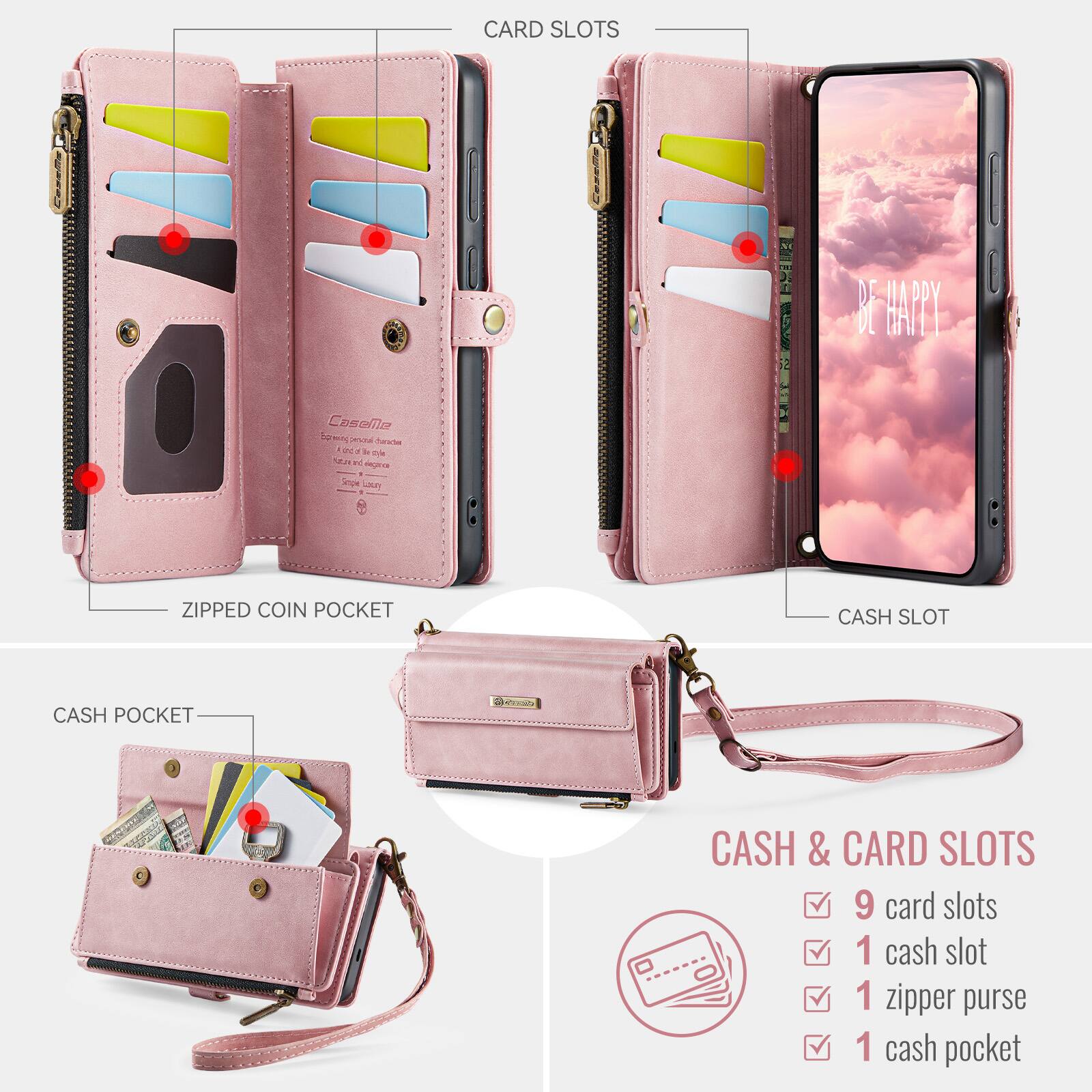 CARD SLOTS: 9 card slots  
CASH SLOT: 1 cash slot  
ZIPPER PURSE: 1 zipper purse  
CASH POCKET: 1 cash pocket  
ZIPPED COIN POCKET