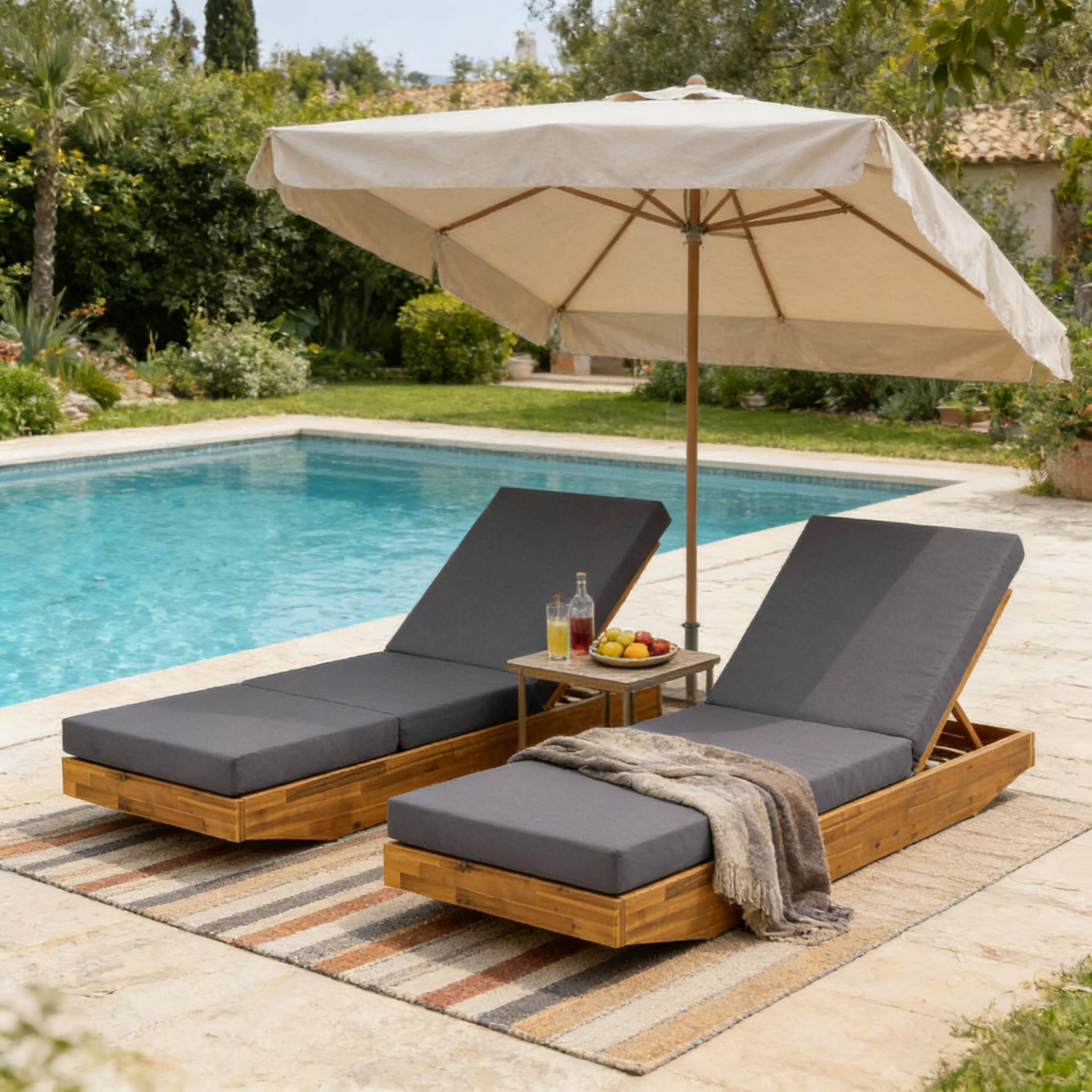 Left. Anysun - Acacia Wood Chaise Lounge with Teak Finish, Outdoor Recliner with 3-Fold Water-Repellent Cushion, for Patio or Poolside - Dark Gray.