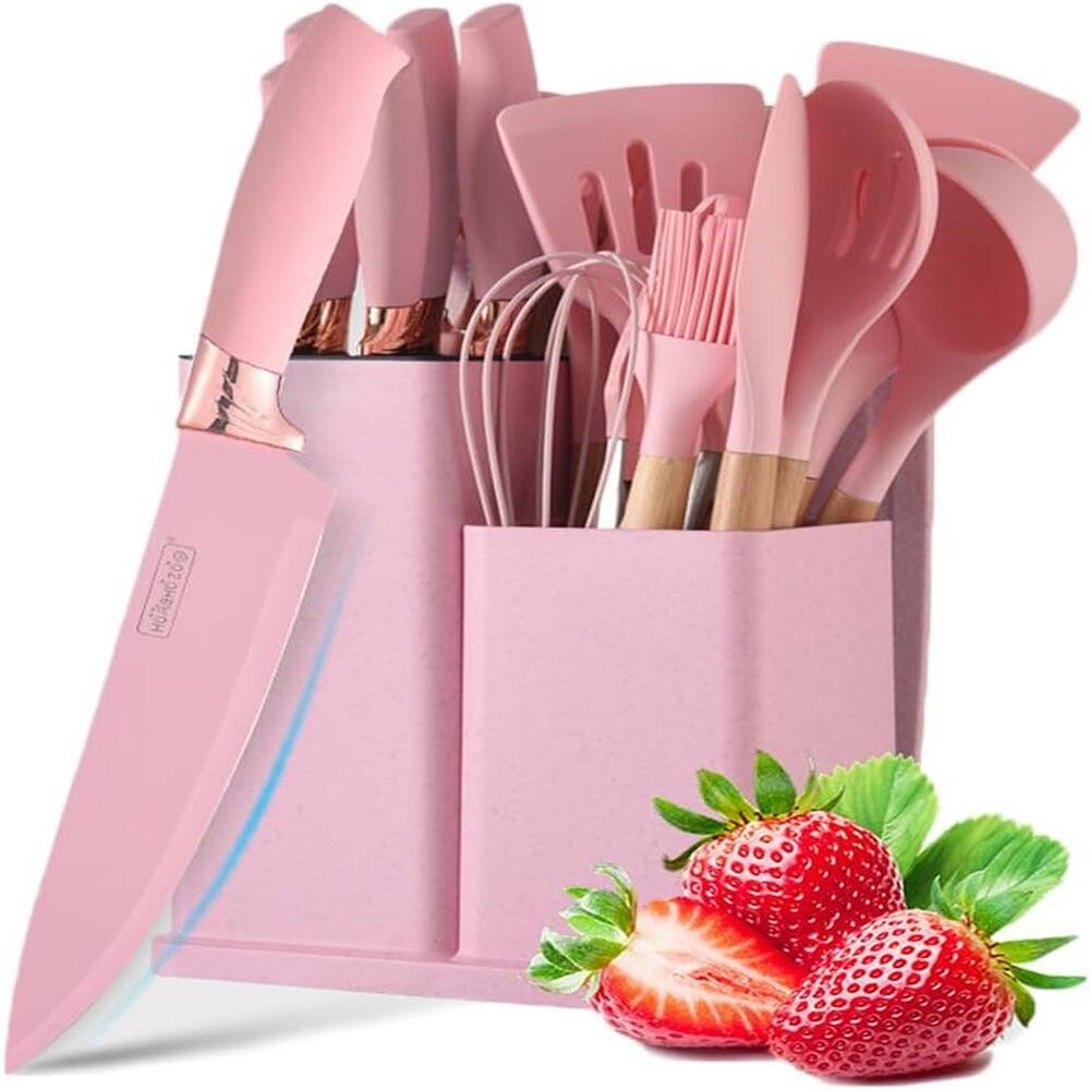 Front. RTMB - Kitchen Knife Set and Utensils Set: 19 Pieces of Silicone Kitchen Utensils - Pink-19.