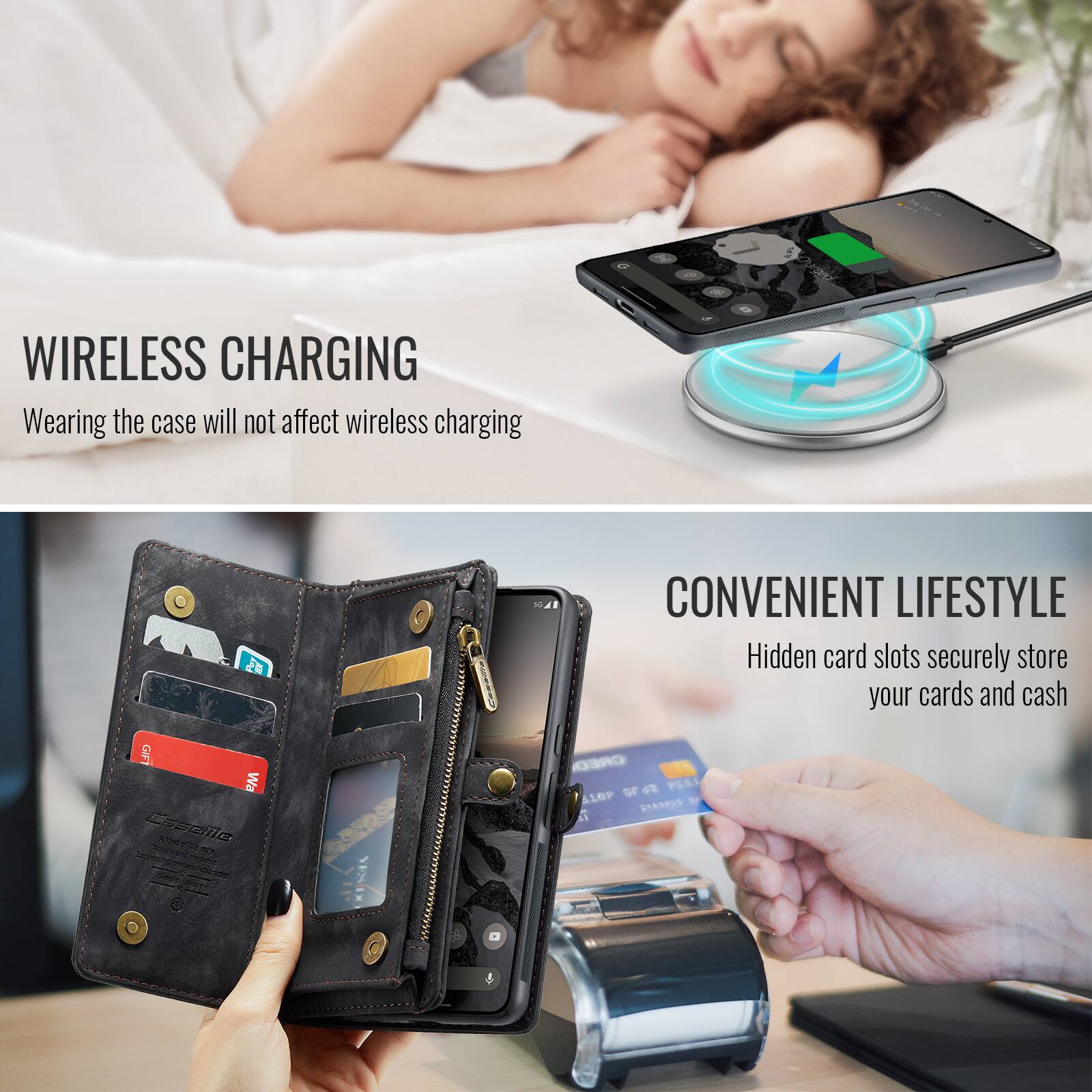 WIRELESS CHARGING  
Wearing the case will not affect wireless charging

2 H CONVENIENT LIFESTYLE  
Hidden card slots securely store your cards and cash