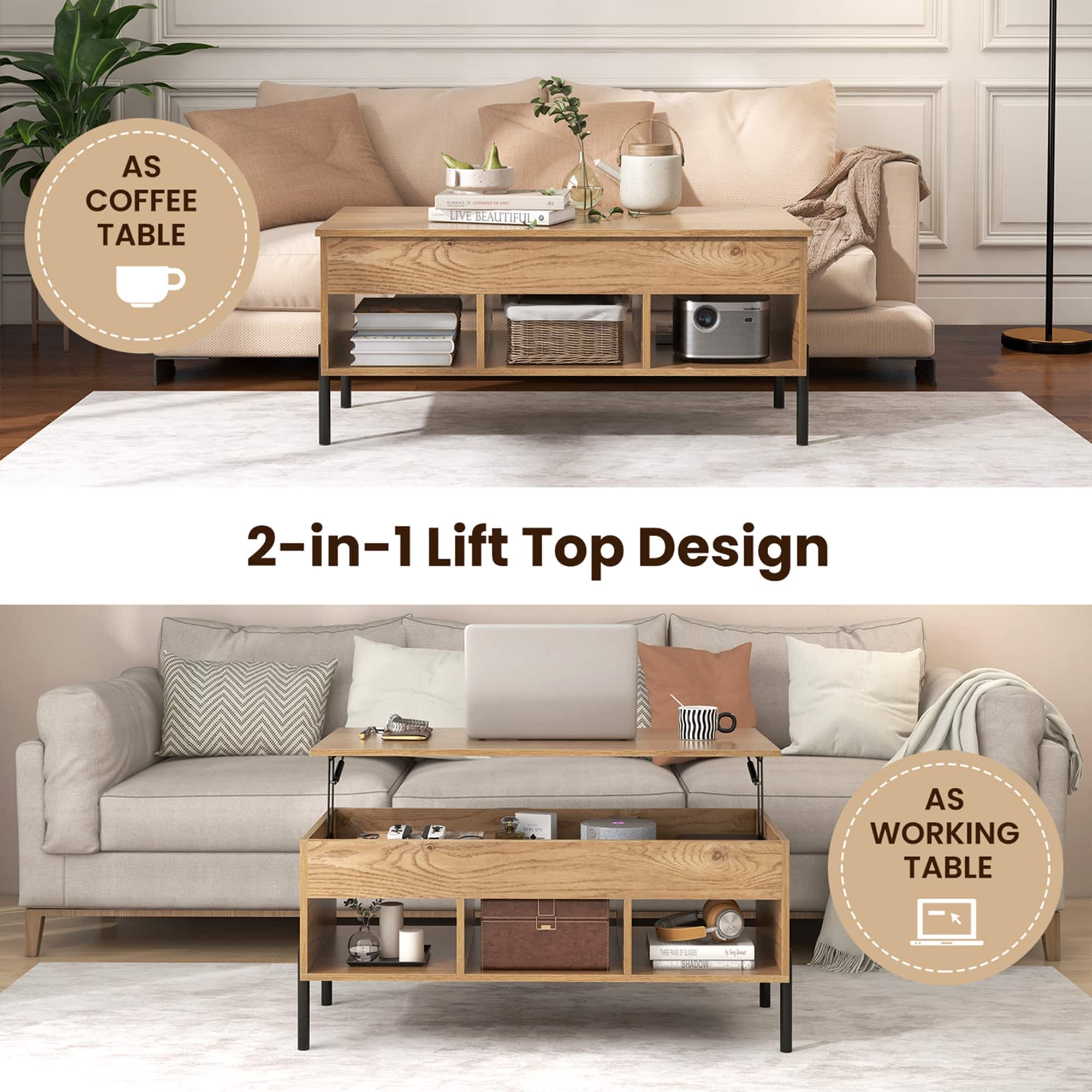 As Coffee Table - A beautiful 2-in-1 Lift Top Design As Working Table - A practical 2-in-1 Lift Top Design