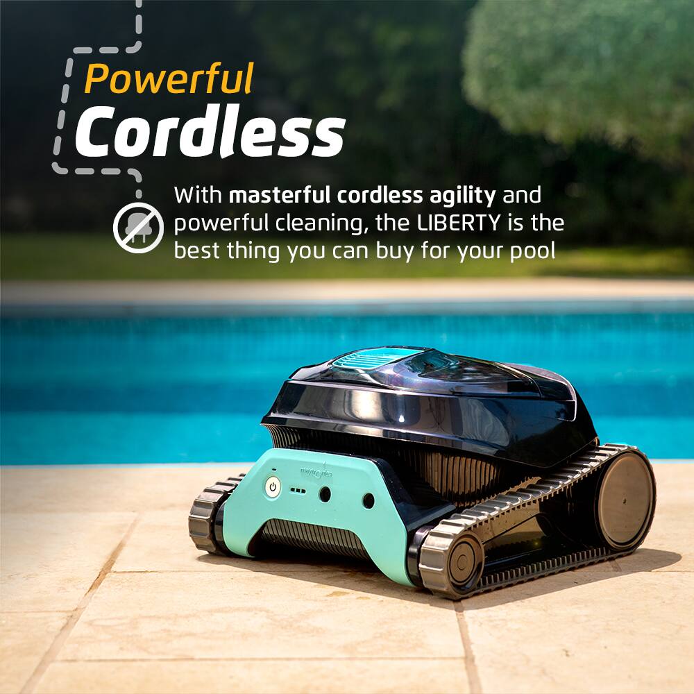 The image features a blue robotic pool cleaner, which is a powerful cordless device with masterful agility and cleaning capabilities. The Liberty pool cleaner is the best option for maintaining your pool.