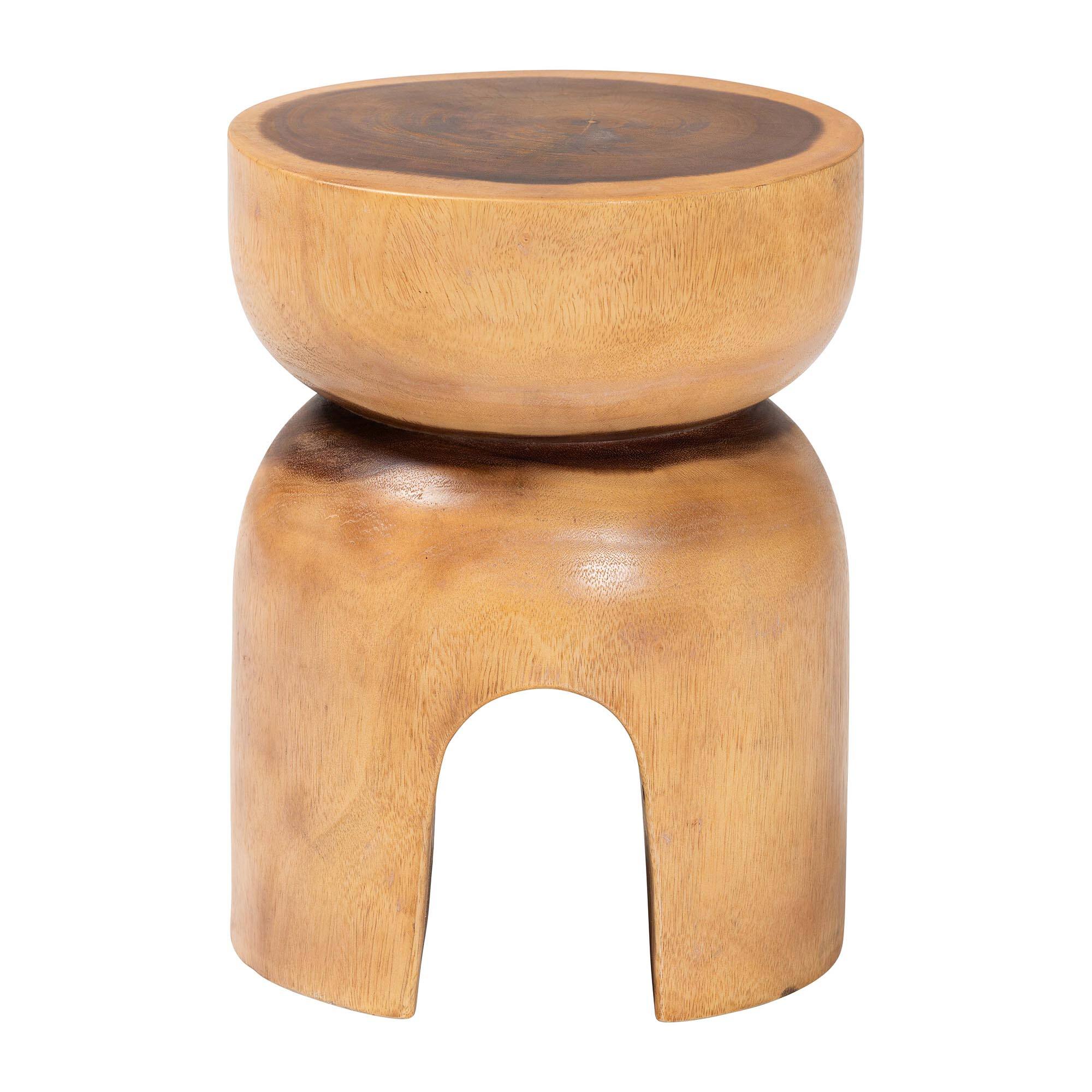 Angle. bali & pari - Abrina Solid Suar Wood Side Table - Hand-Carved Sculptural End Table with Arched Base, Modern Boho Style - Natural Brown.