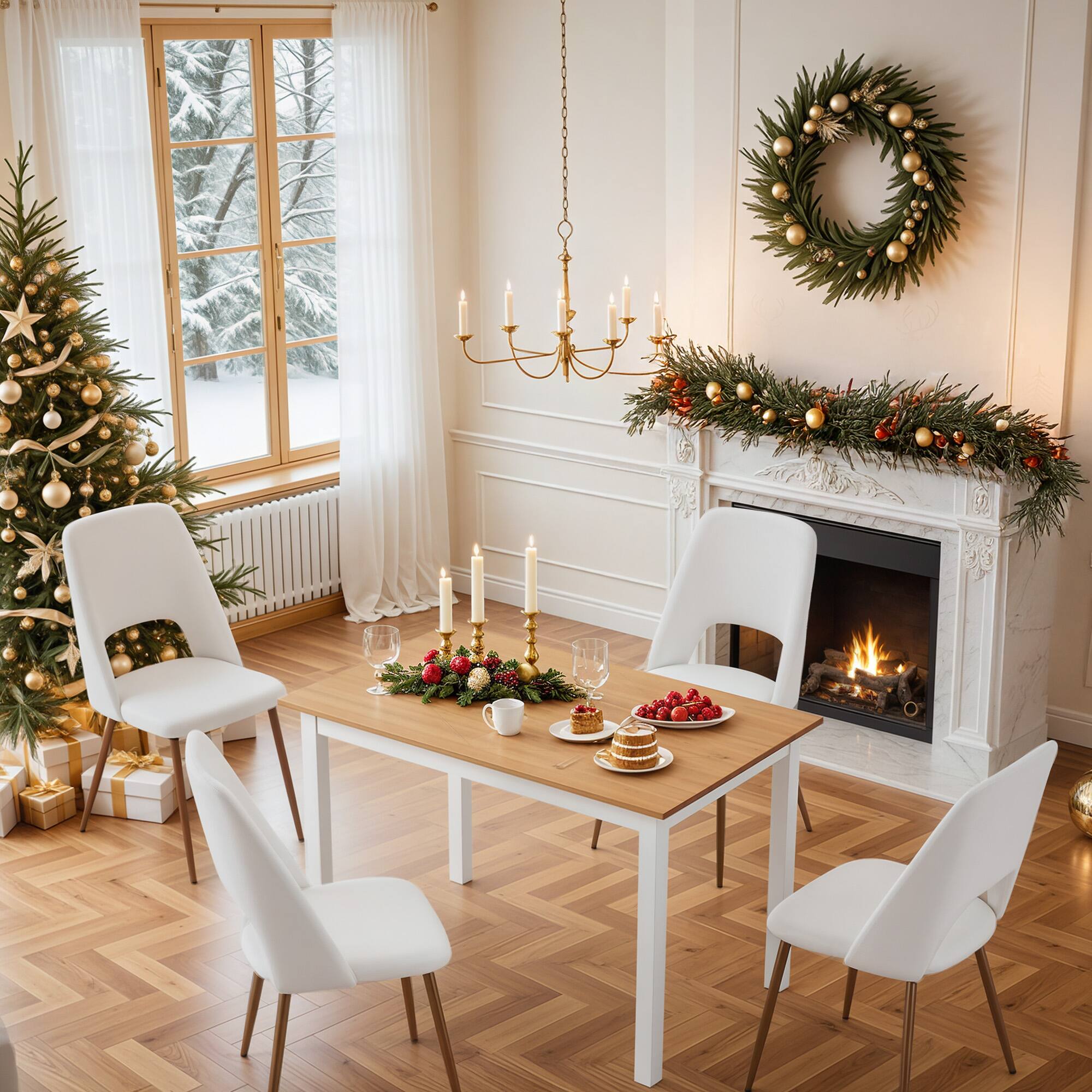 Angle. U-HOMY - Premium Knot-Free Solid Wood Dining Table – Minimalist Modern 4-Seater Kitchen Table Set - Natural Wood, White.