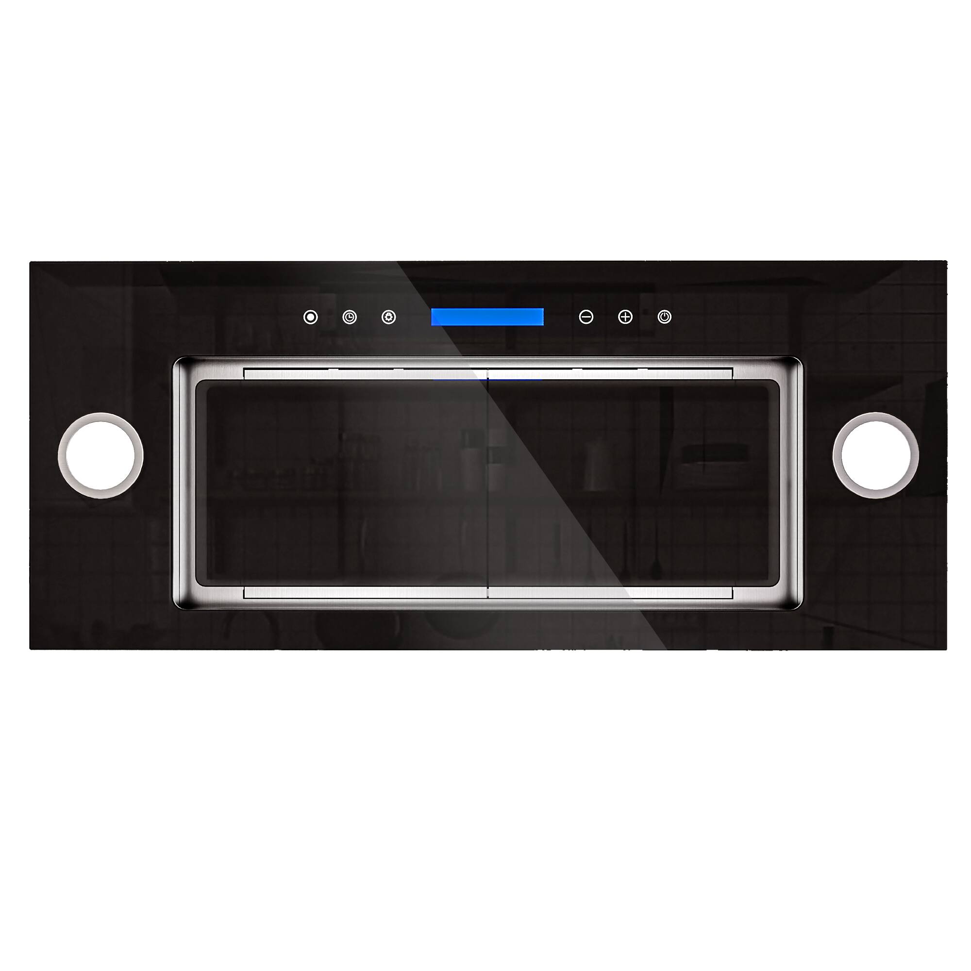 Angle. Onefly - 36 inches - Convertible - Insert Range Hood - Black Tempered Glass.