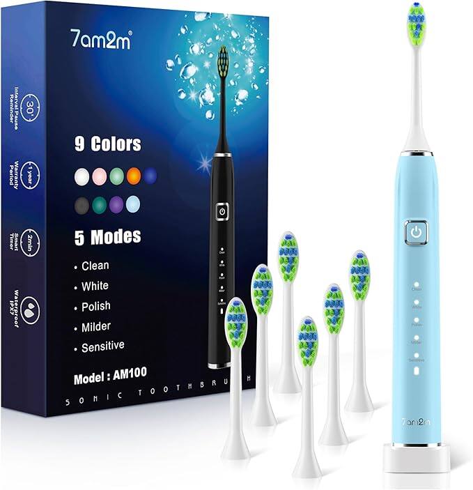 7am2m

9 Colors

5 Modes
- Clean
- White
- Polish
- Milder
- Sensitive

Model: AM100

SONIC TOOTHBRUSH

30-Day Warranty

IPX7 Waterproof

Timer

Pause Period

Reminder Interval

Smart