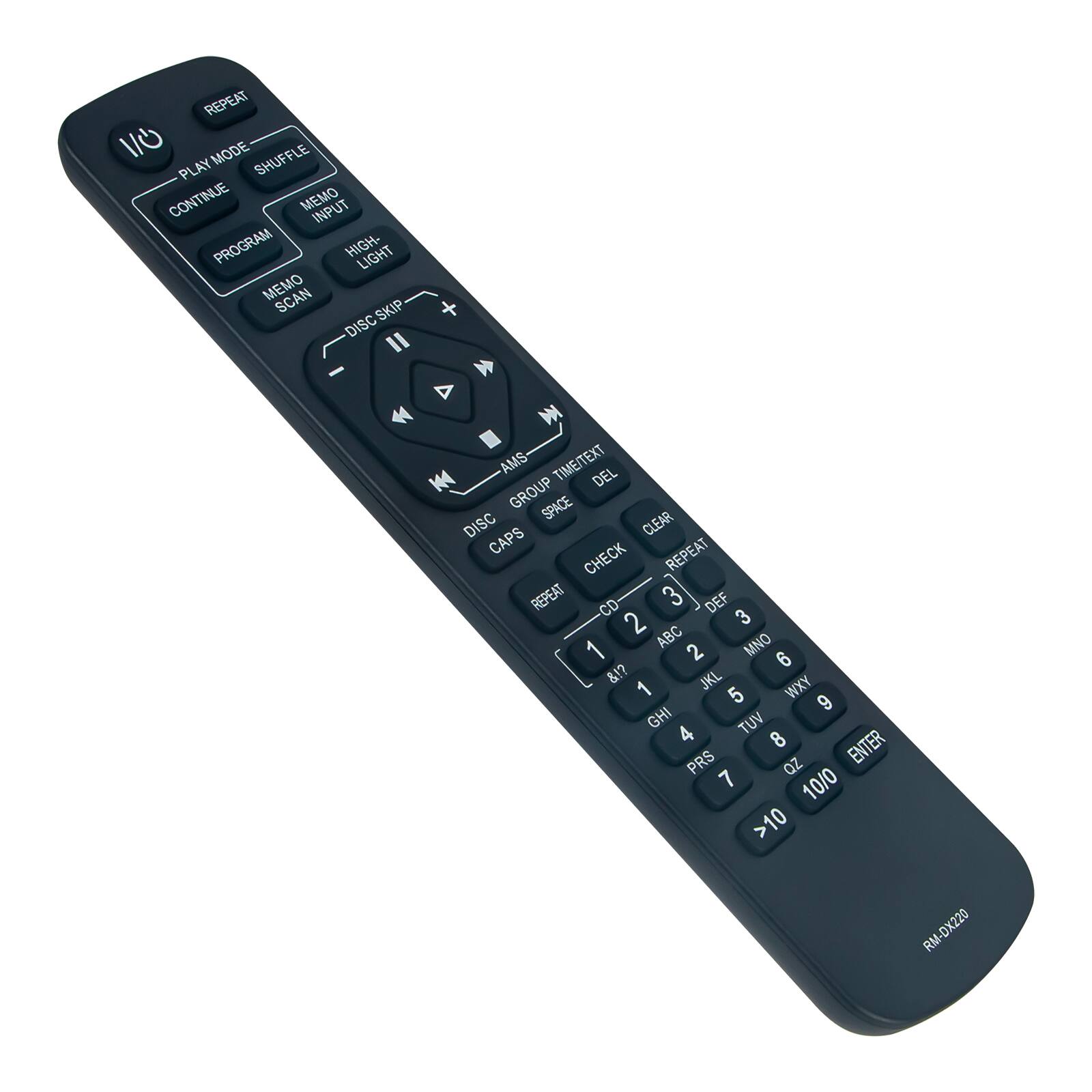 REPEAT V/0 MODE SHUFFLE PLAY CONTINUE MEMO INPUT PROGRAM HIGHLIGHT MEMO SCAN DISC SKIP DISC II AMS TIME/TEXT DEL GROUP SPACE DISC CLEAR CAPS REPEAT CHECK REPEAT CD 3 DEF 2 3 ABC MNO 1 2 6 &!? JKL 1 5 WXY 9 GHI TUV 4 8 PRS QZ ENTER 7 10/0 >10 RM-DX220