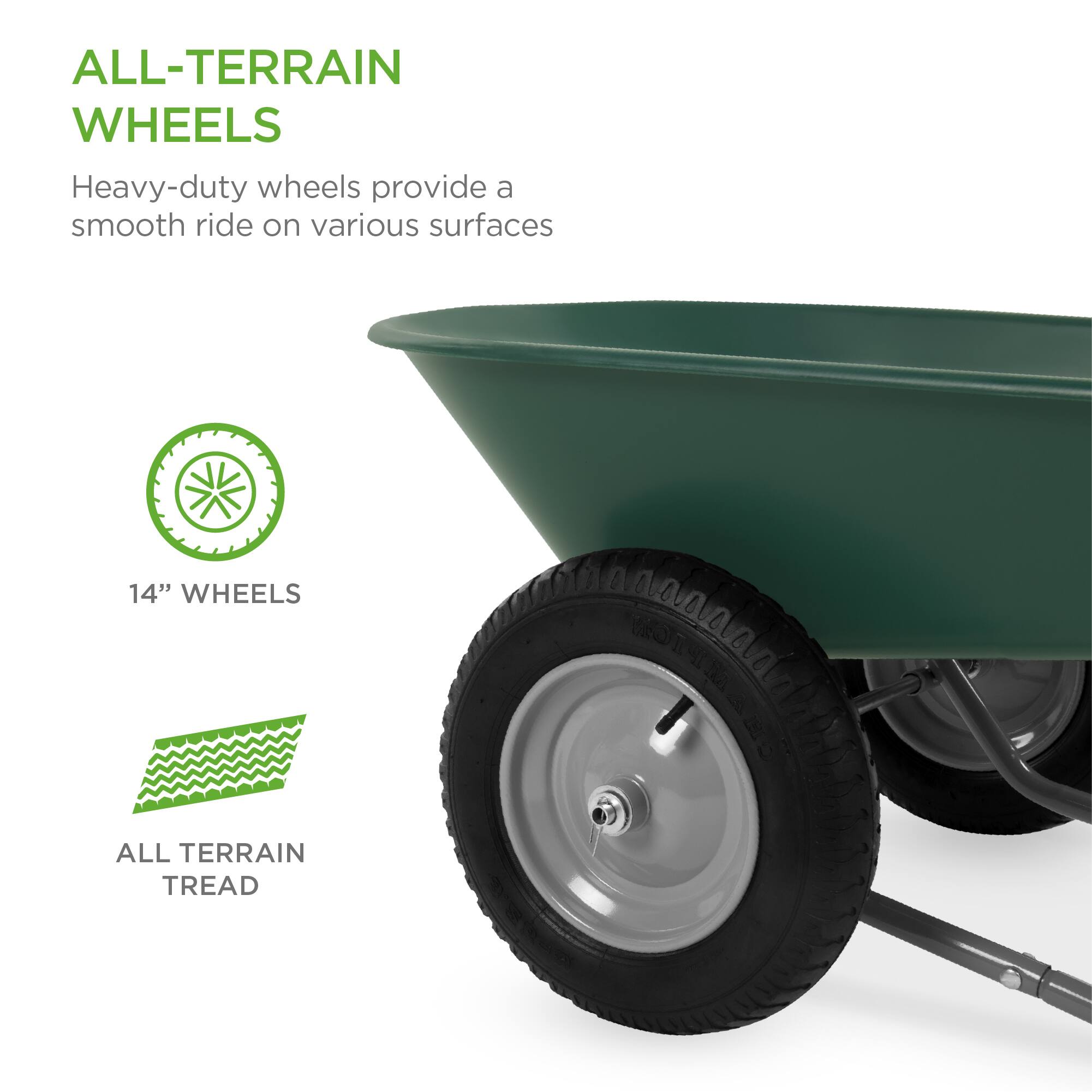 ALL-TERRAIN WHEELS

Heavy-duty wheels provide a smooth ride on various surfaces

14" WHEELS

ALL TERRAIN TREAD