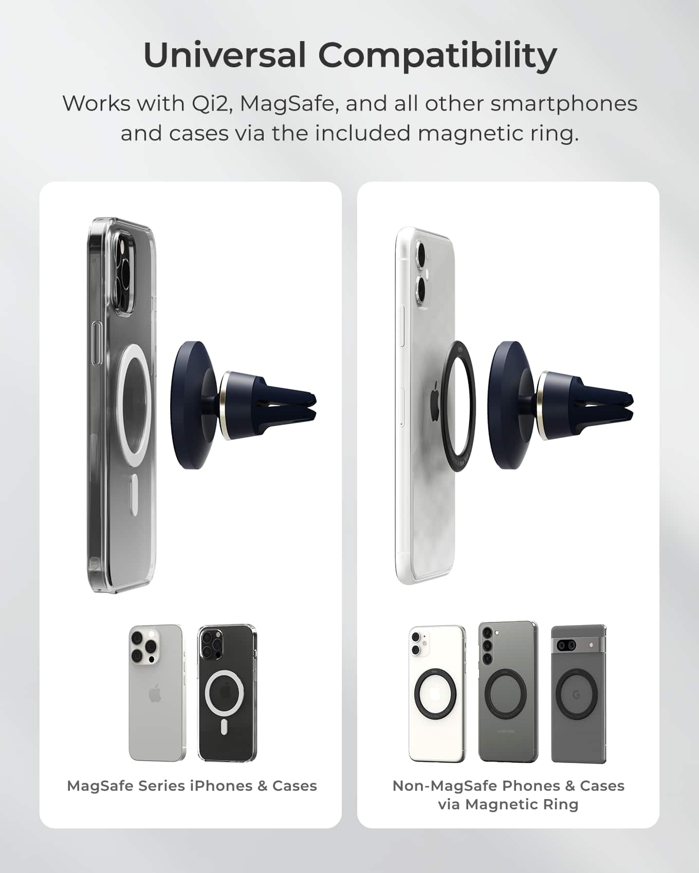 Universal Compatibility: Works with Qi2, MagSafe, and all other smartphones and cases via the included magnetic ring.
MagSafe Series iPhones & Cases: Non-MagSafe Phones & Cases via Magnetic Ring.
