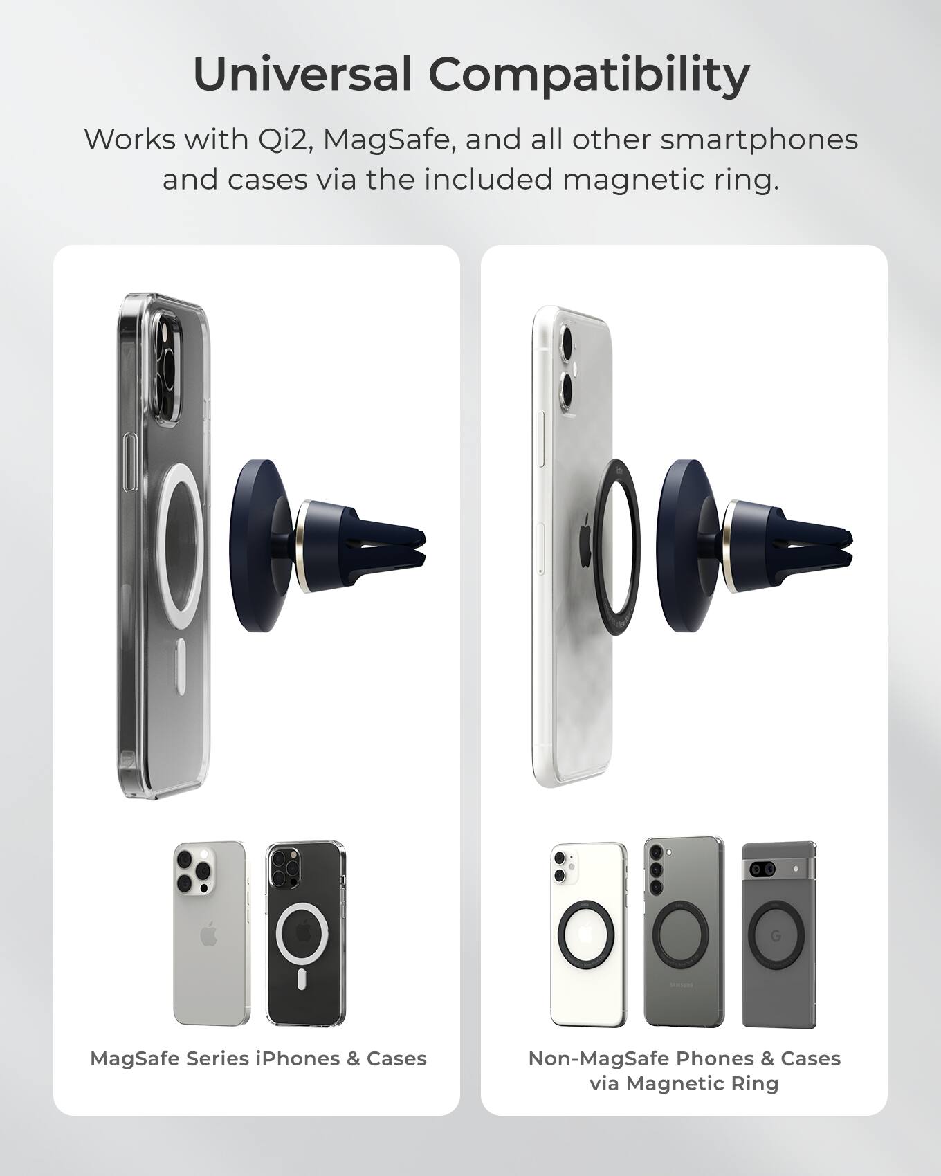 Universal Compatibility: Works with Qi2, MagSafe, and all other smartphones and cases via the included magnetic ring.

MagSafe Series iPhones & Cases: Non-MagSafe Phones & Cases via Magnetic Ring.