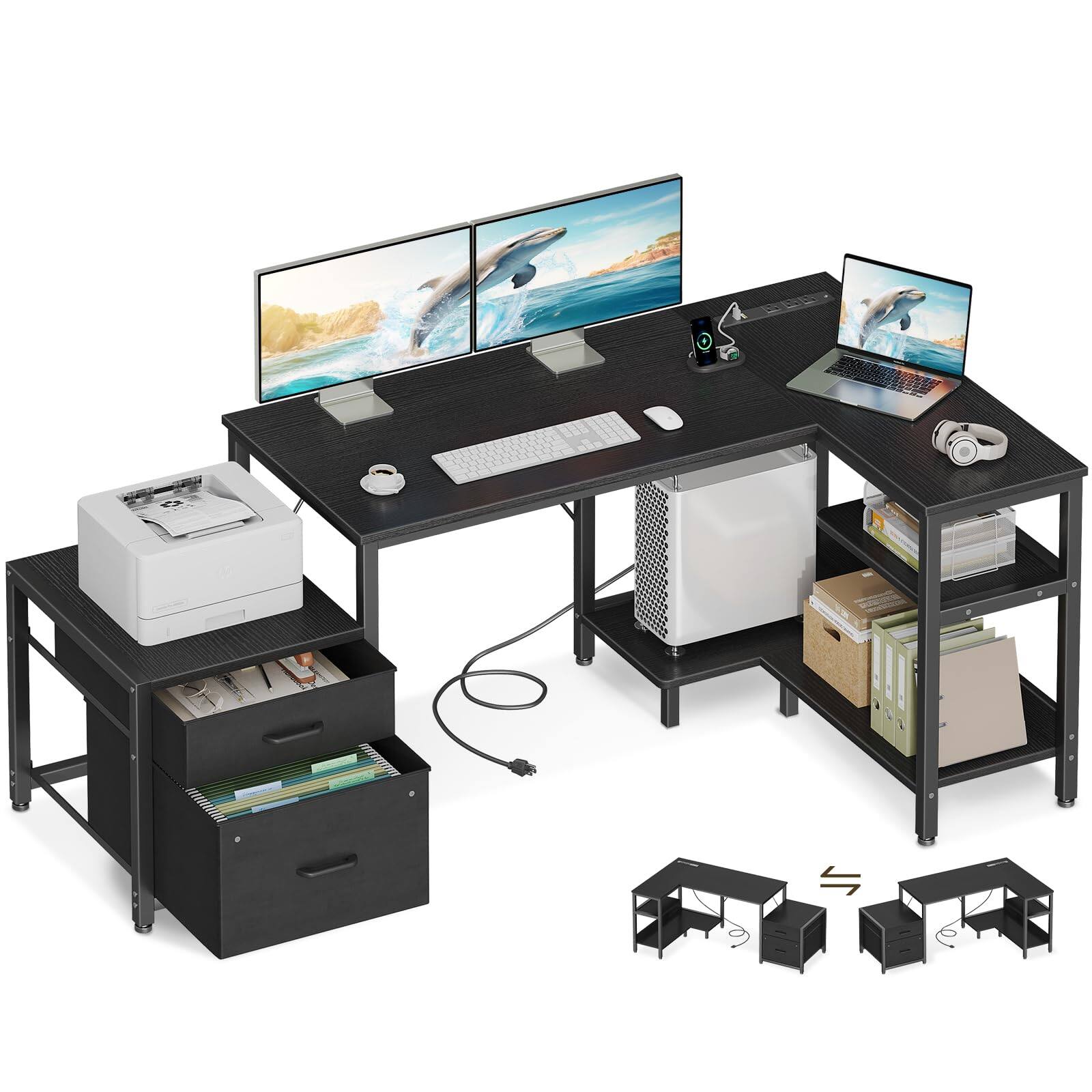 Front. Hirose Alice - Casaottima L Shaped Desk with Drawers & File Cabinet, Reversible Computer Desk with Storage Shelves & CPU S... - Black 55 Inch（41“+14"）.