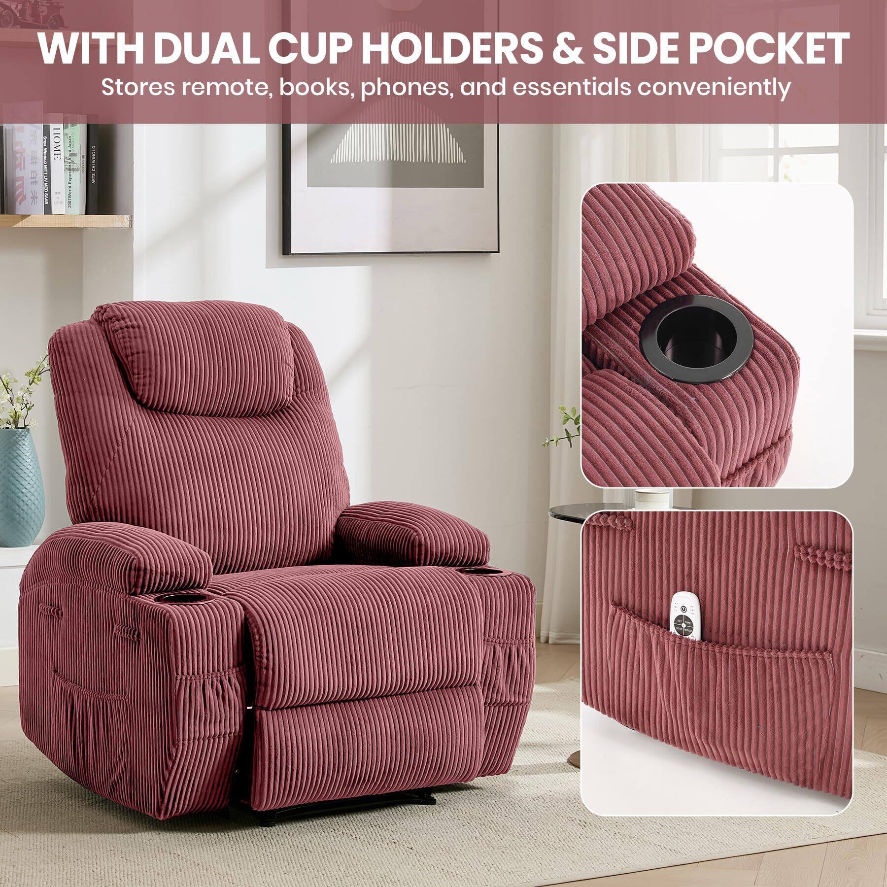 WITH DUAL CUP HOLDERS & SIDE POCKET  
Stores remote, books, phones, and essentials conveniently