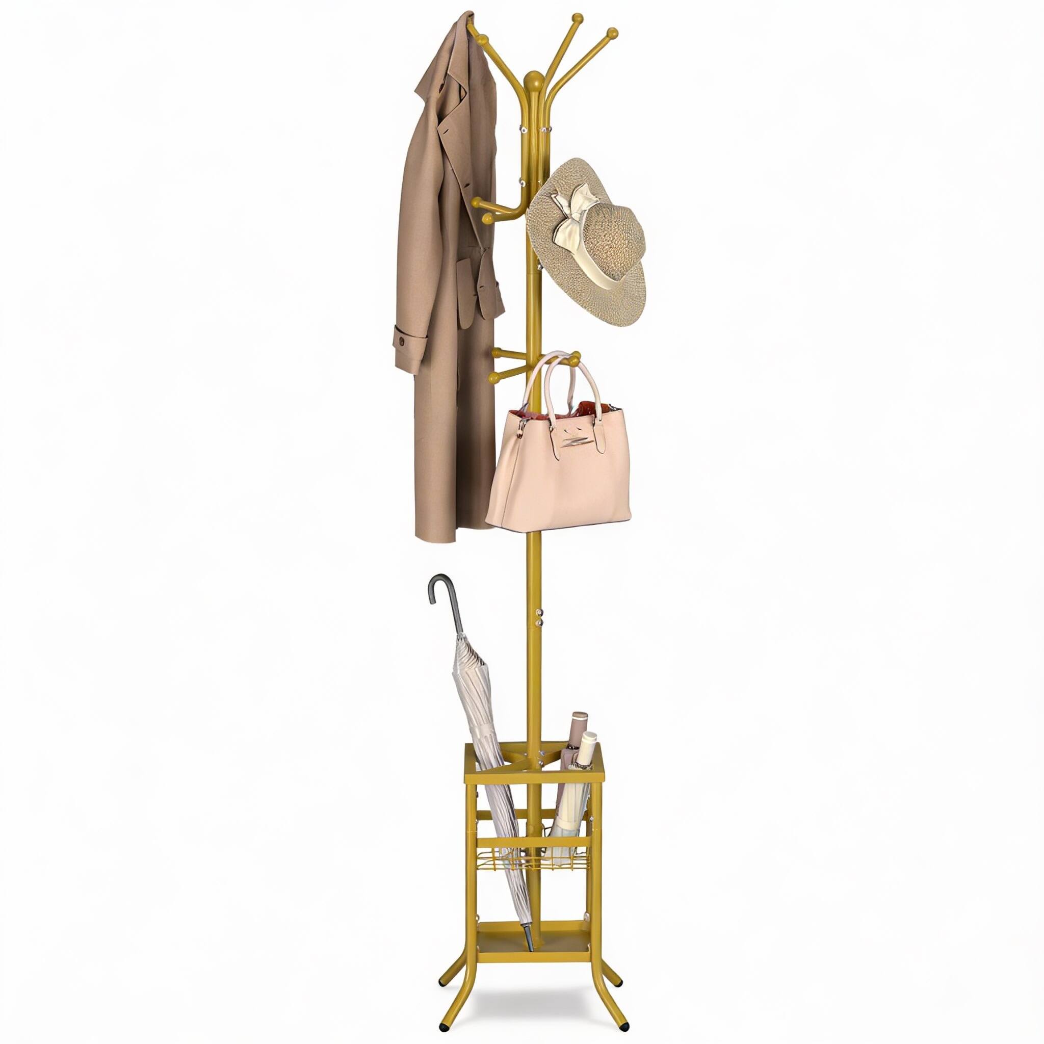 Front. CovertSafe - Metal Tree Coat Rack 12 Hooks Umbrella Stand Entryway Hallway - Gold 13.7"D x 13.7"W x 73.6"H.