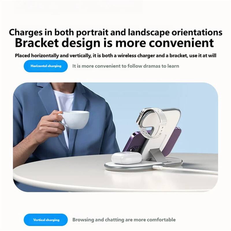 Charges in both portrait and landscape orientations  
Bracket design is more convenient  
Placed horizontally and vertically, it is both a wireless charger and a bracket, use it at will  

Horizontal charging  
It is more convenient to follow dramas to learn  

Vertical charging  
Browsing and chatting are more comfortable