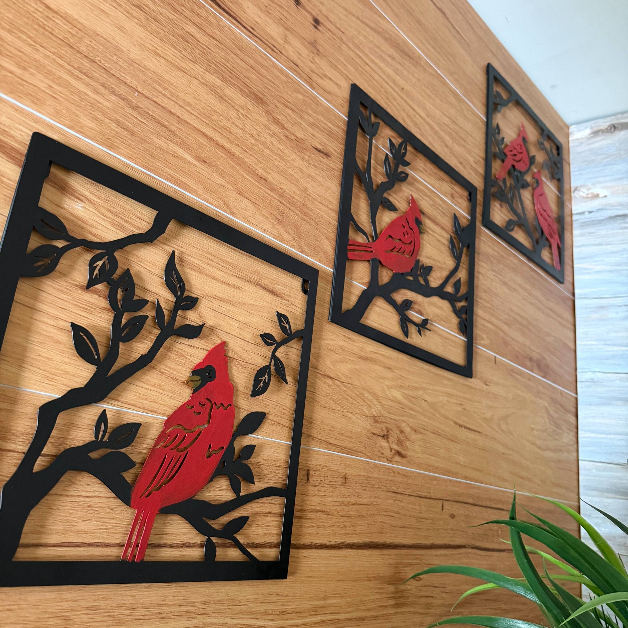 Alt View 6. Mayrich Company - Set of 3 Metal Cardinal Wall Plaques Red Bird Branch Decor 11.25 Inches - Red.
