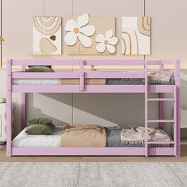 GOODSILO - Solid Wood Twin Over Twin Floor Bunk Bed with Ladder and Strengthened Slats for Enhanced Stability - Pink