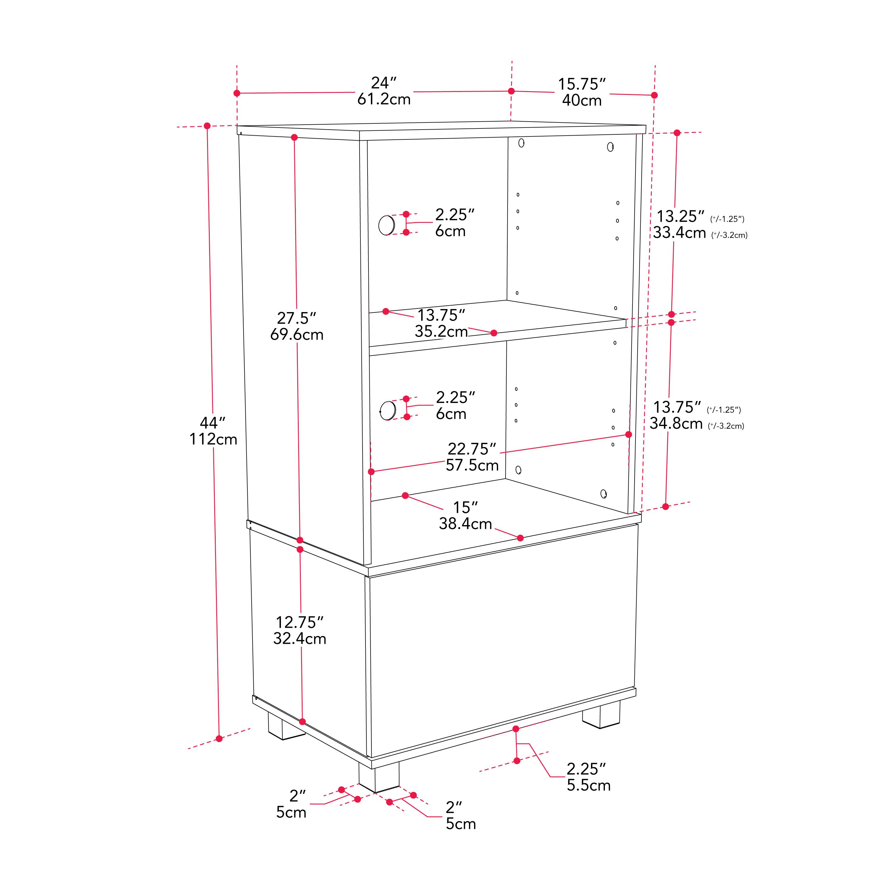 The text on the image is grouped and corrected as follows:

1. 24" 61.2cm
2. 15.75" 40cm
3. 0 0 2.25" 6cm
4. - 1 4 a . 13.25" 7-1.257 33.4cm
5. 27.5" 69.6cm
6. 13.75" 35.2cm
7. + d 44" 112cm
8. 2.25" 6cm
9. 22.75" 57.5cm
10. 13.75" 9-1.25") 34.8cm [7-3.2cm)
11. 15" 38.4cm
12. 12.75" 32.4cm
13. 2" 5cm
14. 2" 5cm
15. 2.25" 5.5cm