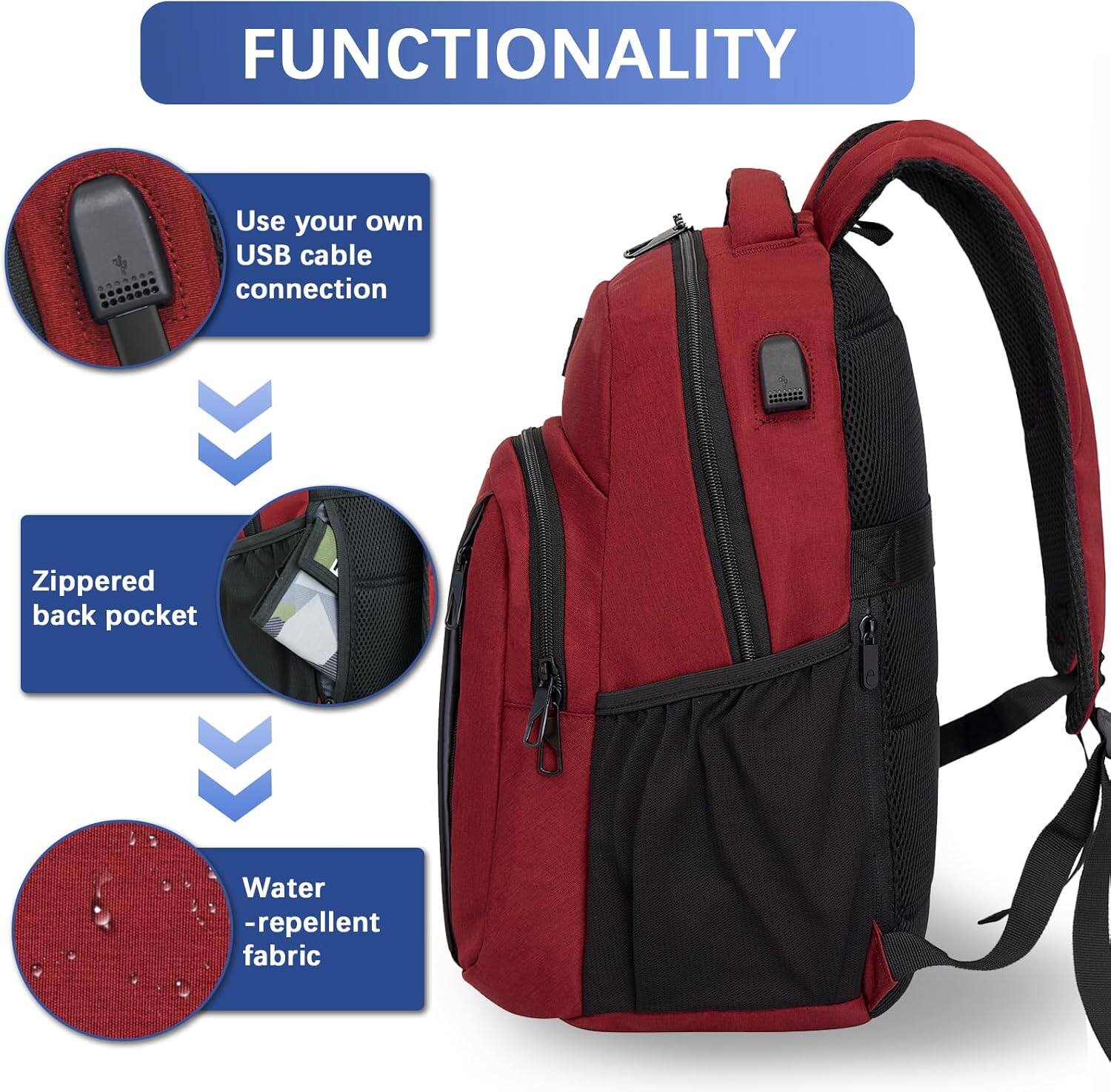 FUNCTIONALITY

- Use your own USB cable connection
- Zippered back pocket
- Water-repellent fabric