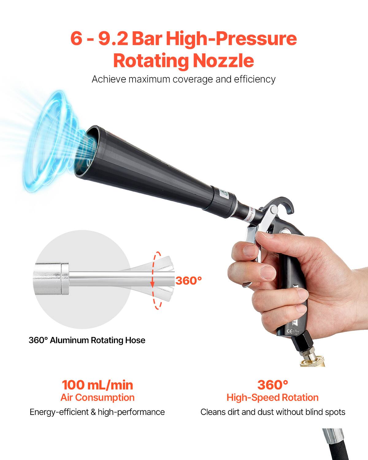 6-9.2 Bar High-Pressure Rotating Nozzle: Achieve maximum coverage and efficiency.

360° Aluminum Rotating Hose: 360° High-Speed Rotation.

100 mL/min Air Consumption: Energy-efficient & high-performance.

Cleans dirt and dust without blind spots.