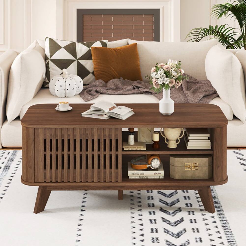 Left. Pefilos - Rectangular Coffee Table, End Table with Built-In Storage and Adjustable Shelves - Brown.