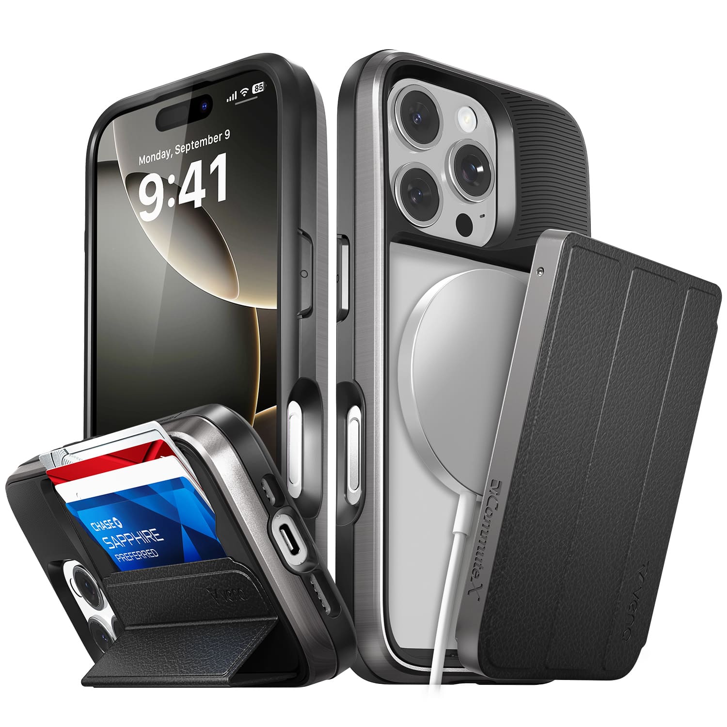 Vena - vCommuteX for Apple iPhone 16 Pro Case, Wallet Case Compatible with MagSafe, Leather Flip Cover with Card Slot, Black - Gray