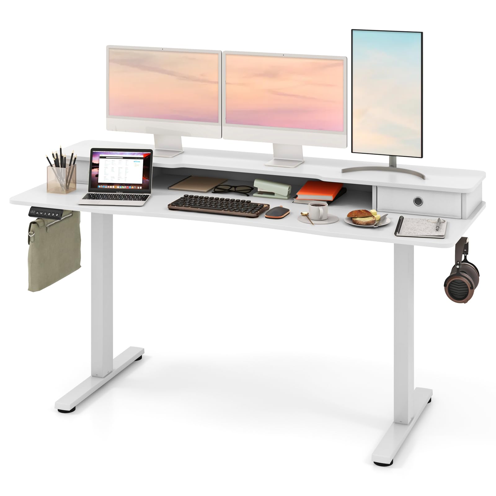 Ecooso - 63" x 24" Electric Standing Desk with 2 Drawers, Height Adjustable Sit-Stand Workstation - White