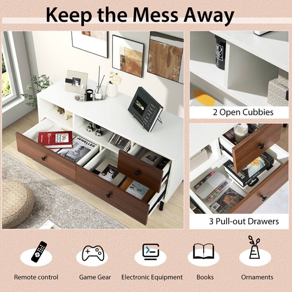 Keep the Mess Away

10 11 DLA OKs JEWELLER DIOR

2 Open Cubbies

3 Pull-out Drawers

Remote control

Game Gear

Electronic Equipment

Books

Ornaments