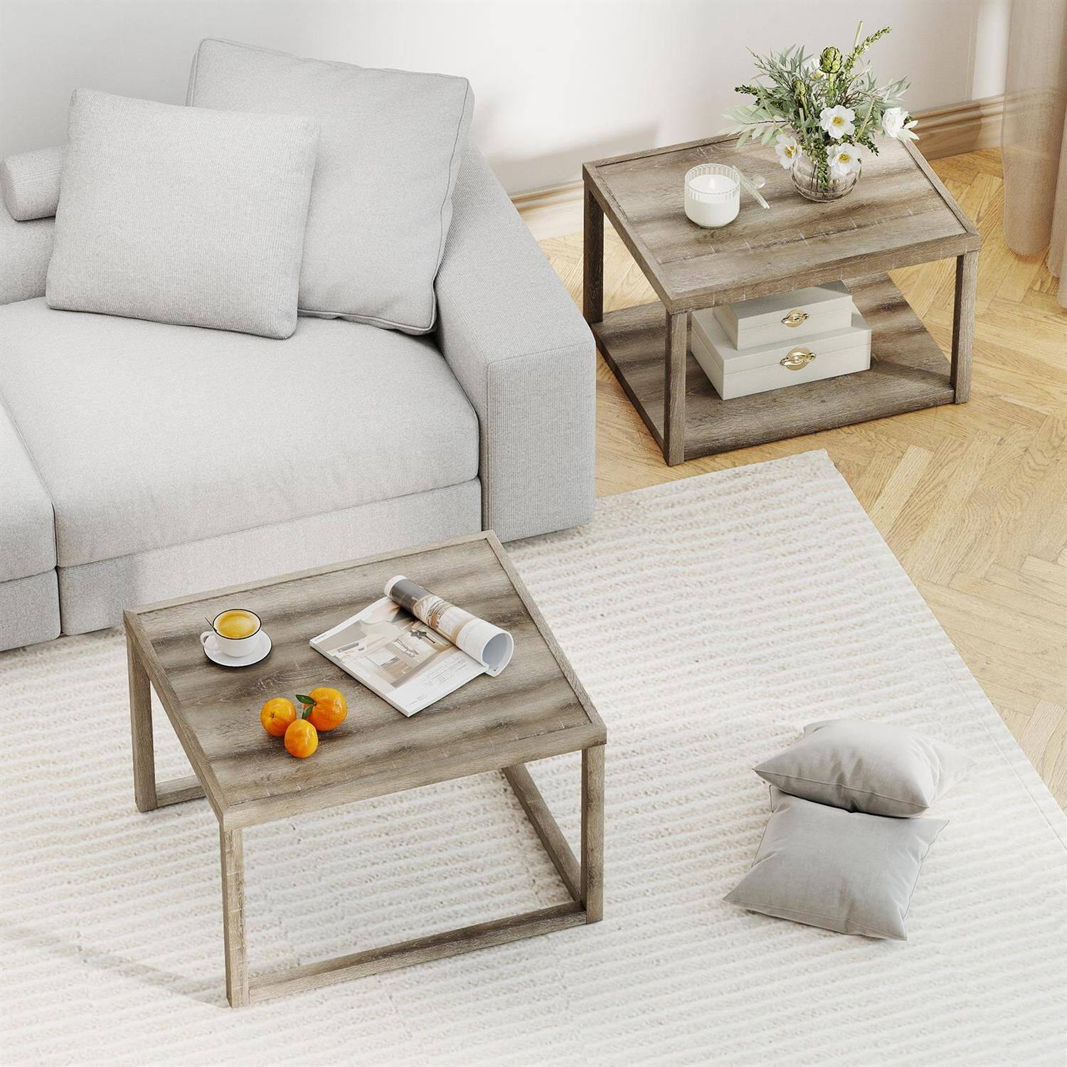 Alt View 3. Pefilos - Nesting Coffee Table Set (2 Pieces), Stackable Space-Saving Design, Rubber Wood Frame, Gray - Gray.