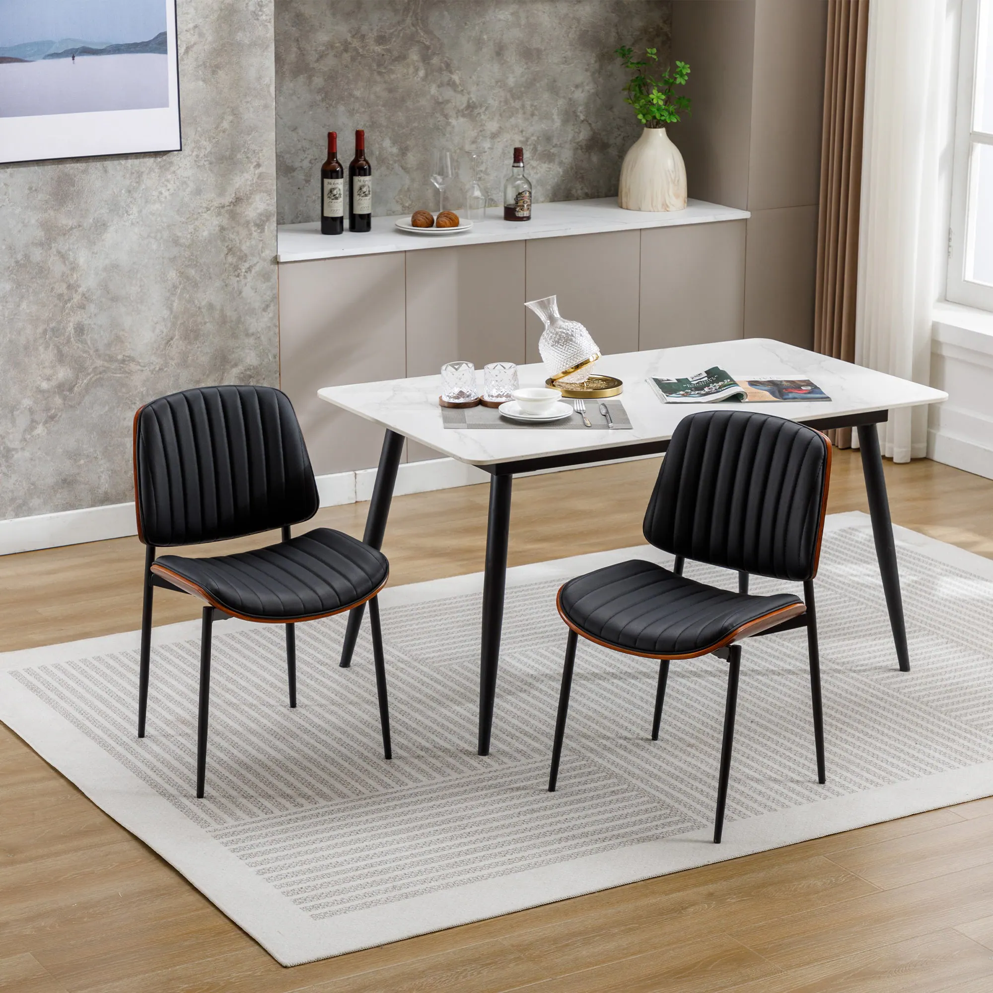 Boyel Living - Mid Century Modern Retro Faux Leather Chair with Bentwood Upholstered Seat Metal Legs Adjustable Foot - Black