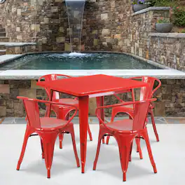 Emma + Oliver - Commercial Grade 31.5" Square Metal Indoor-Outdoor Table Set with 4 Arm Chairs - Red