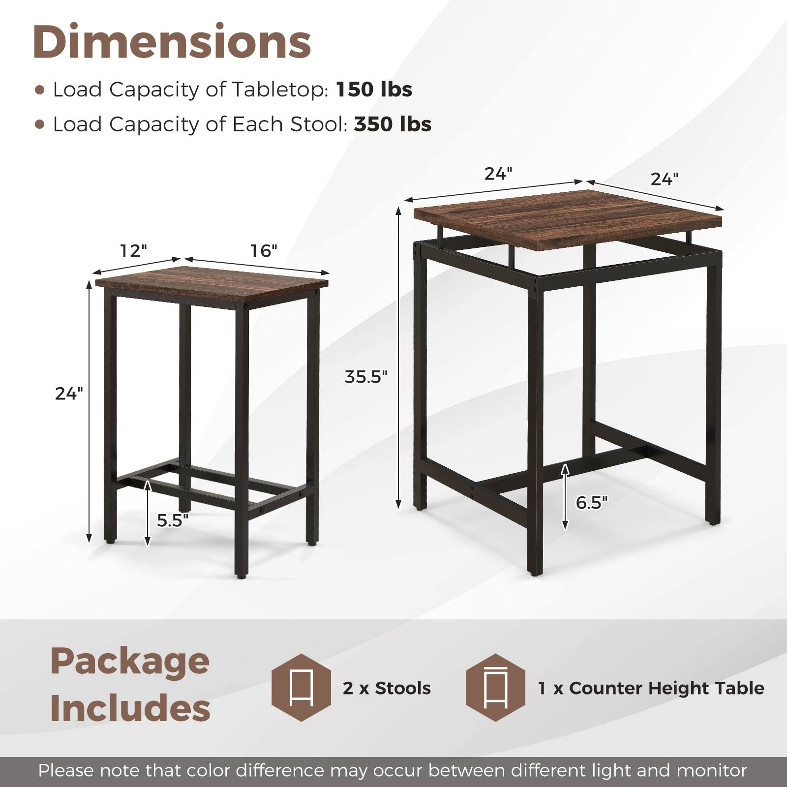 Dimensions  
- Load Capacity of Tabletop: 150 lbs  
- Load Capacity of Each Stool: 350 lbs  

Tabletop:  
- Width: 24"  
- Depth: 24"  
- Height: 35.5"  

Stool:  
- Seat Height: 6.5"  
- Seat Diameter: 12"  
- Overall Height: 24"  
- Base Width: 16"  
- Base Height: 5.5"  

Package Includes  
- 2 x Stools  
- 1 x Counter Height Table  

Please note that color difference may occur between different light and monitor.