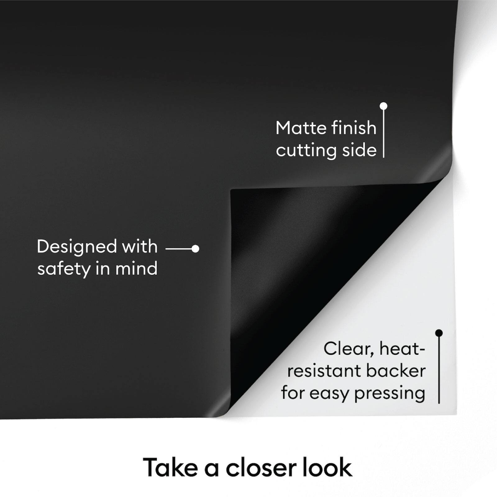 Matte finish cutting side  
Designed with safety in mind  
Clear, heat-resistant backer for easy pressing  
Take a closer look