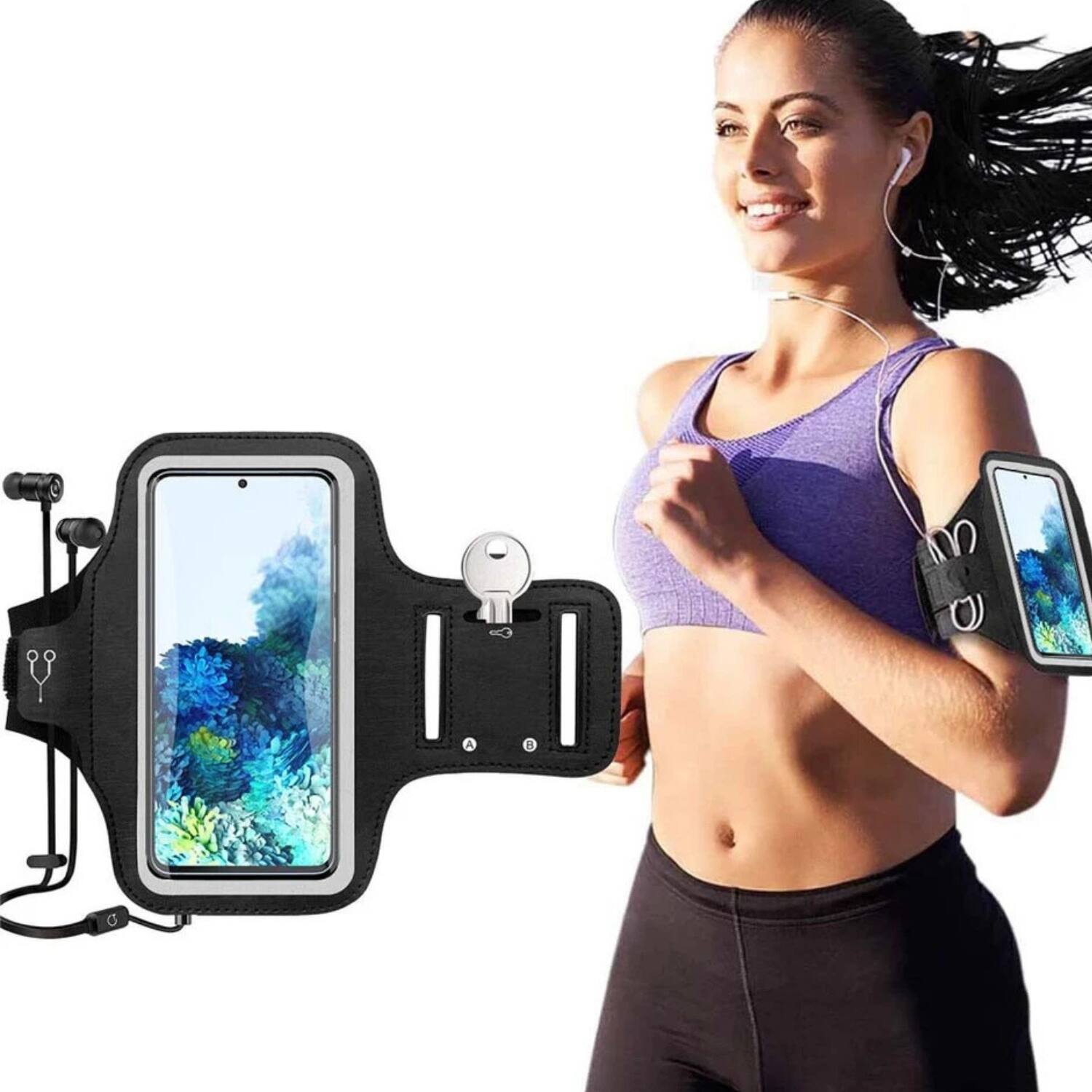 Left. Stock Preferred - Waterproof Sports Running Armband Phone Holder with Key & Card Pocket - Black.