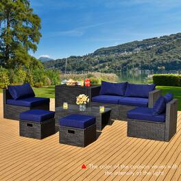 Gymax - 8PCS Rattan Patio Sectional Furniture Set w/ Waterproof Cover & Cushions - Navy