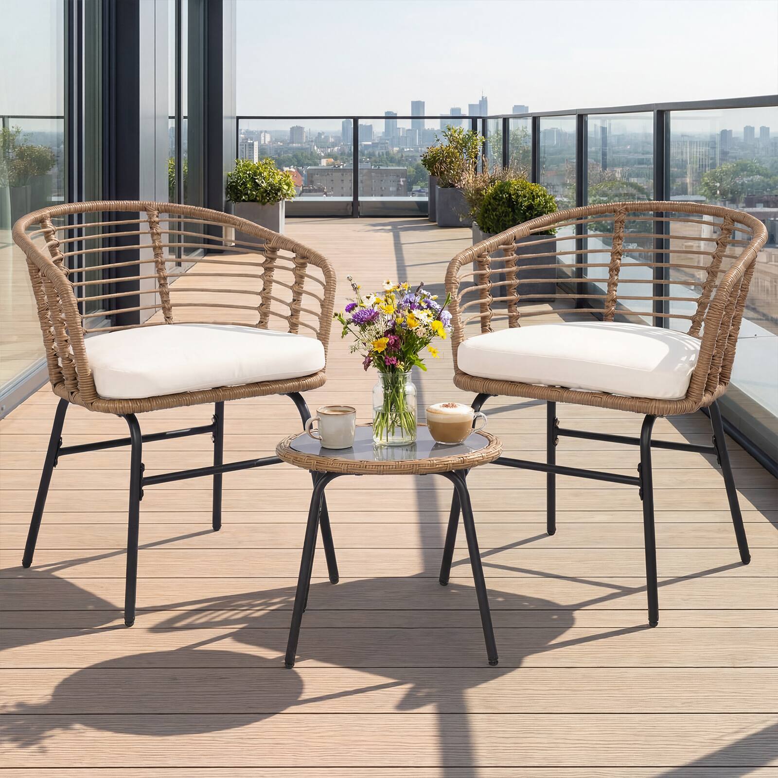 Alt View 1. Costway - Costway 3 Pieces Patio Furniture Set with Tempered Glass Coffee Table and Soft Cushions - Natural, Off White.