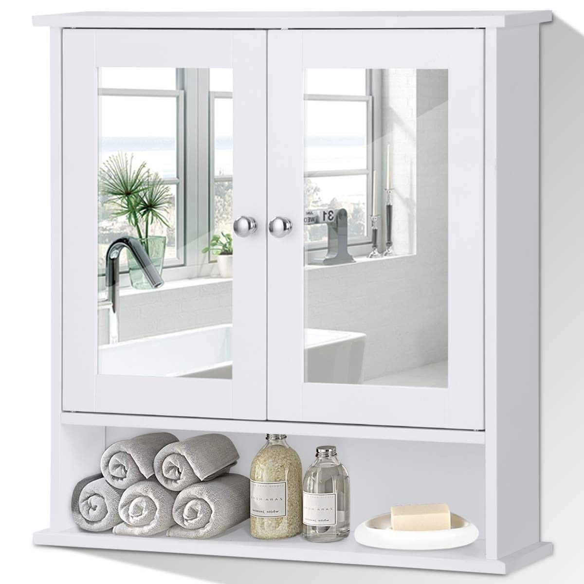 SlickBlue - Bathroom Wall Cabinet with Mirror and Open Shelf for Easy Access - White