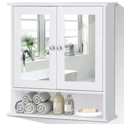 Front. SlickBlue - Bathroom Wall Cabinet with Mirror and Open Shelf for Easy Access - White.