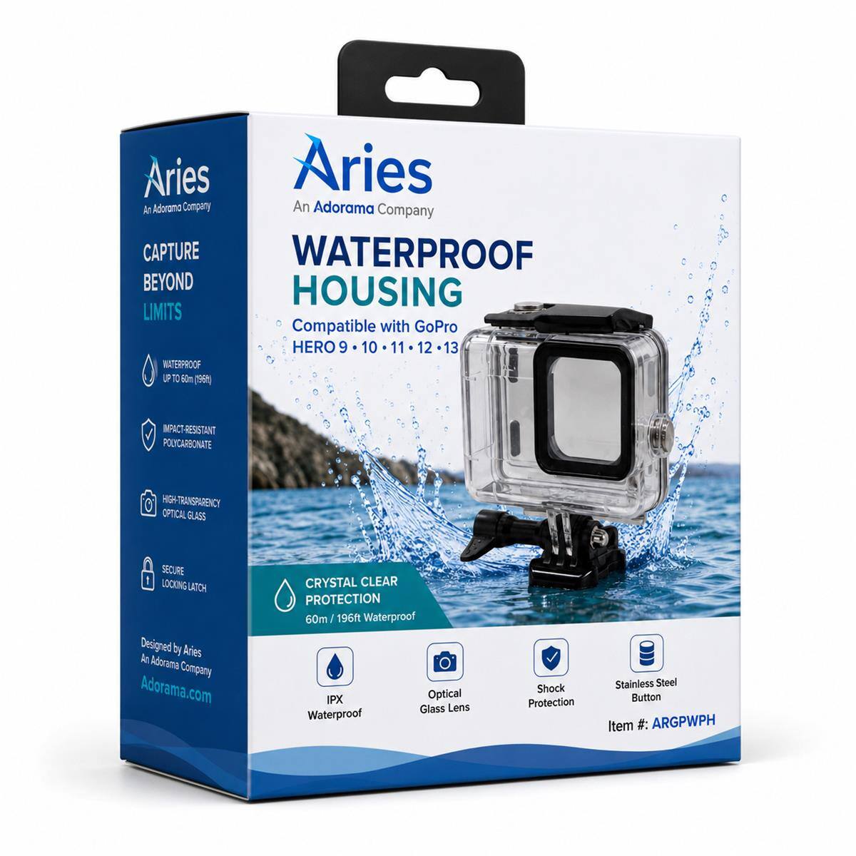 Aries  
An Adorama Company  

CAPTURE BEYOND HOUSING LIMITS  
Compatible with GoPro HERO 9 10 11 12 13  
WATERPROOF UP TO 60m (196ft)  

IMPACT-RESISTANT POLYCARBONATE  
HIGH-TRANSPARENCY OPTICAL GLASS  
SECURE LOCKING LATCH  

Designed by Aries  
An Adorama Company  
Adorama.com  

CRYSTAL CLEAR PROTECTION  
60m / 196ft Waterproof IPX  
Optical Glass Lens  
Shock Protection  
Stainless Steel Button  

Item #: ARGPWPH
