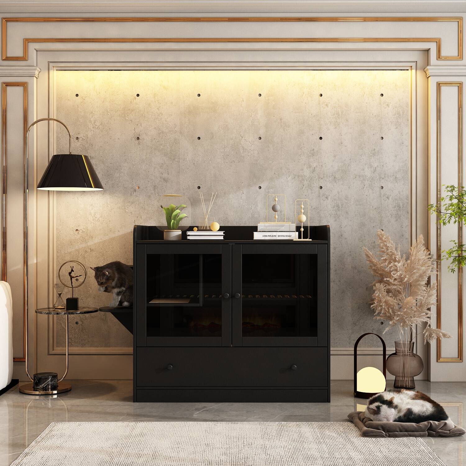 Left. Famapy - Luxury Black Cat Cabinet with Hidden Litter Box, Climbing Shelves & Storage – Modern Multi-Functional Cat Furniture.