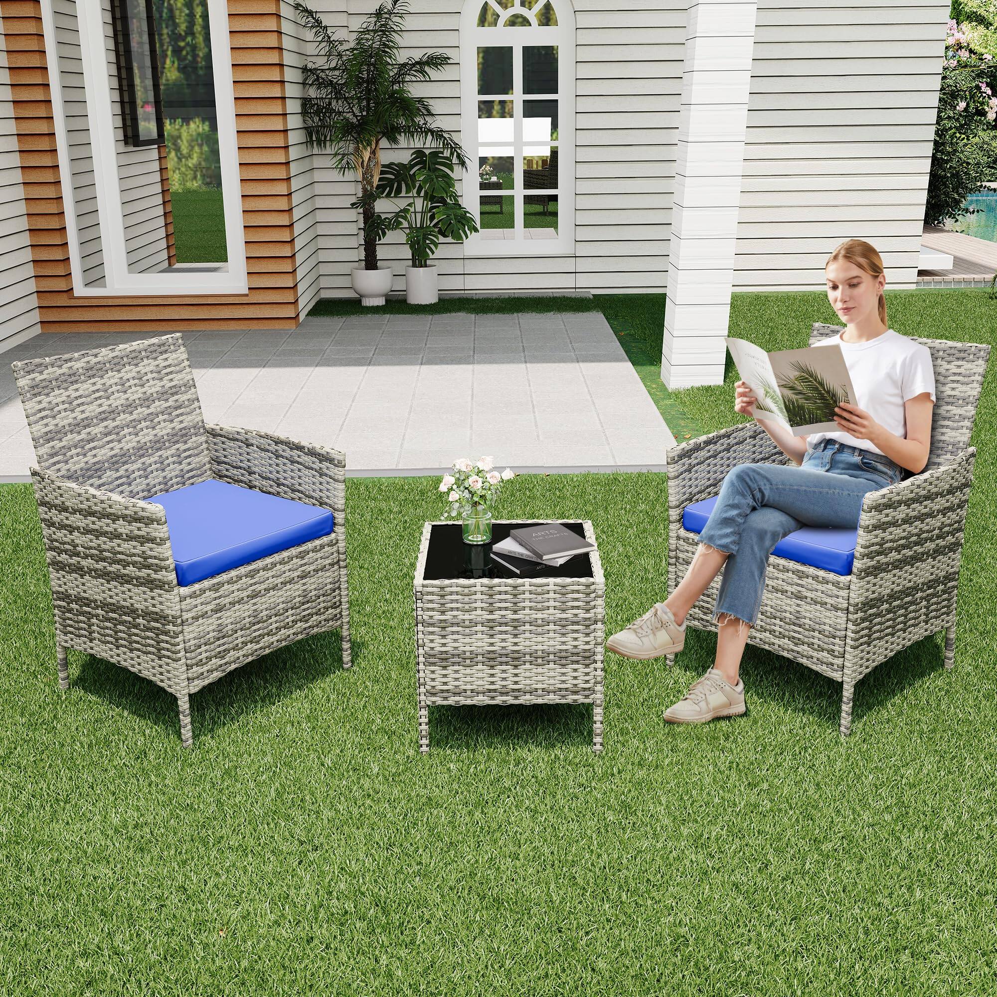 Back. Homhougo - 3 Pieces Outdoor Patio Furniture Sets, Rattan Patio Table and Chairs Set Grey and Blue - Blue.